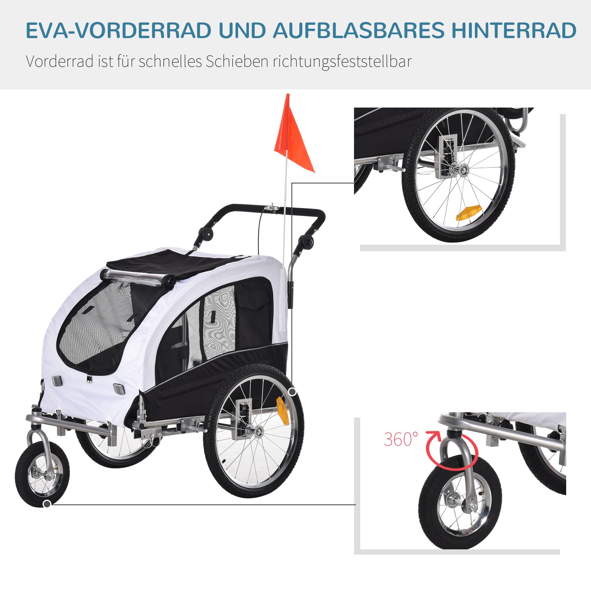 Ein weiß-schwarzer Haustier-Kinderwagen mit schwarzem Dach und roter Flagge. Räder sind sichtbar. Der Kinderwagen steht.