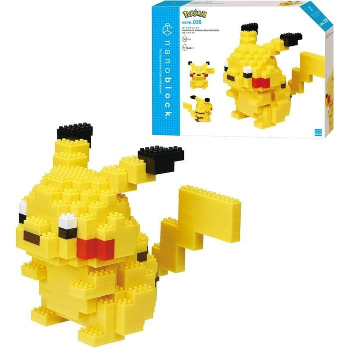 Figura de Pikachu hecha de bloques amarillos. Una caja con imágenes de Pikachu en el fondo. La figura es 3D.