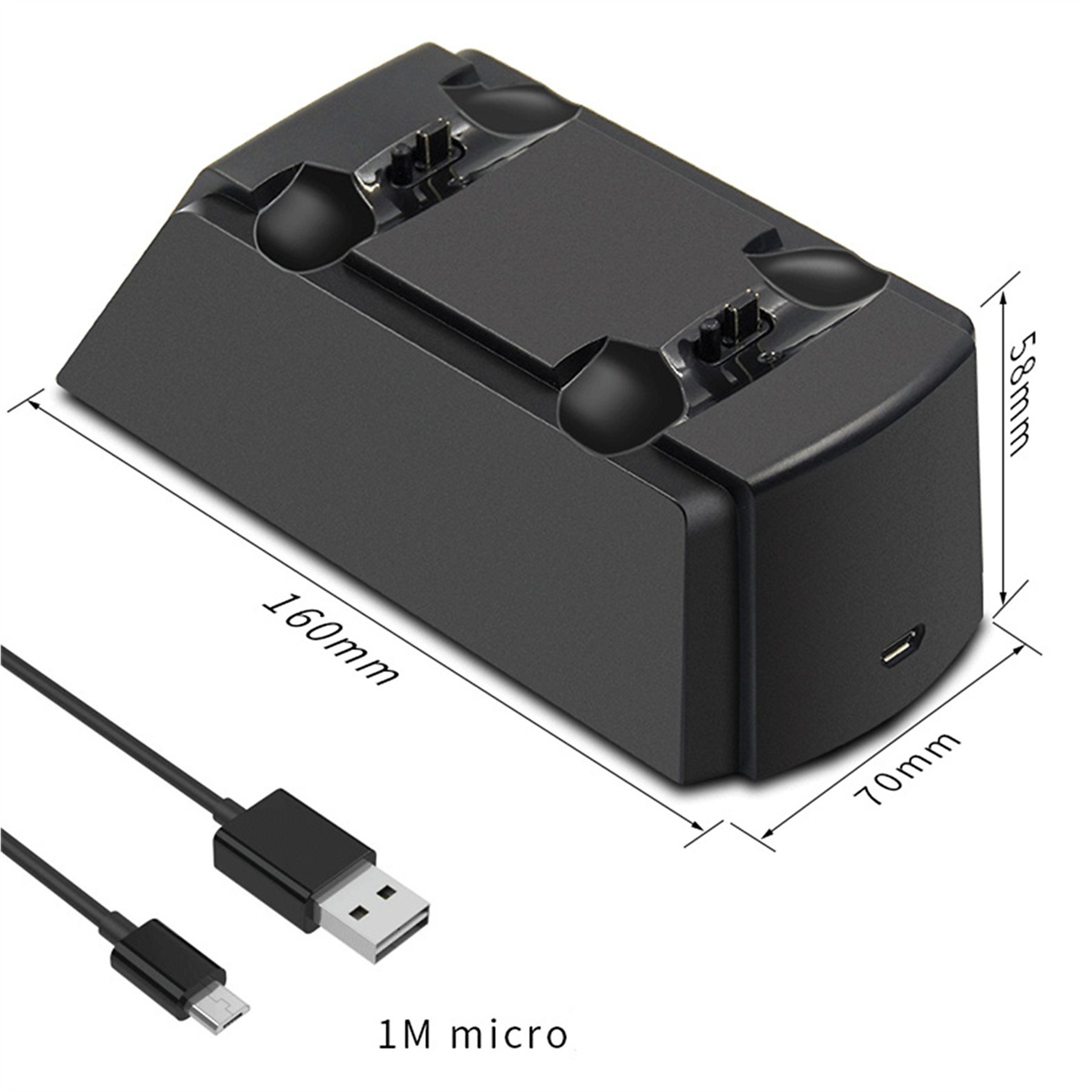 Eine schwarze Ladestation mit zwei Steckplätzen für Controller und einem Ladekabel. Maße sind beschriftet. Weißer Hintergrund.