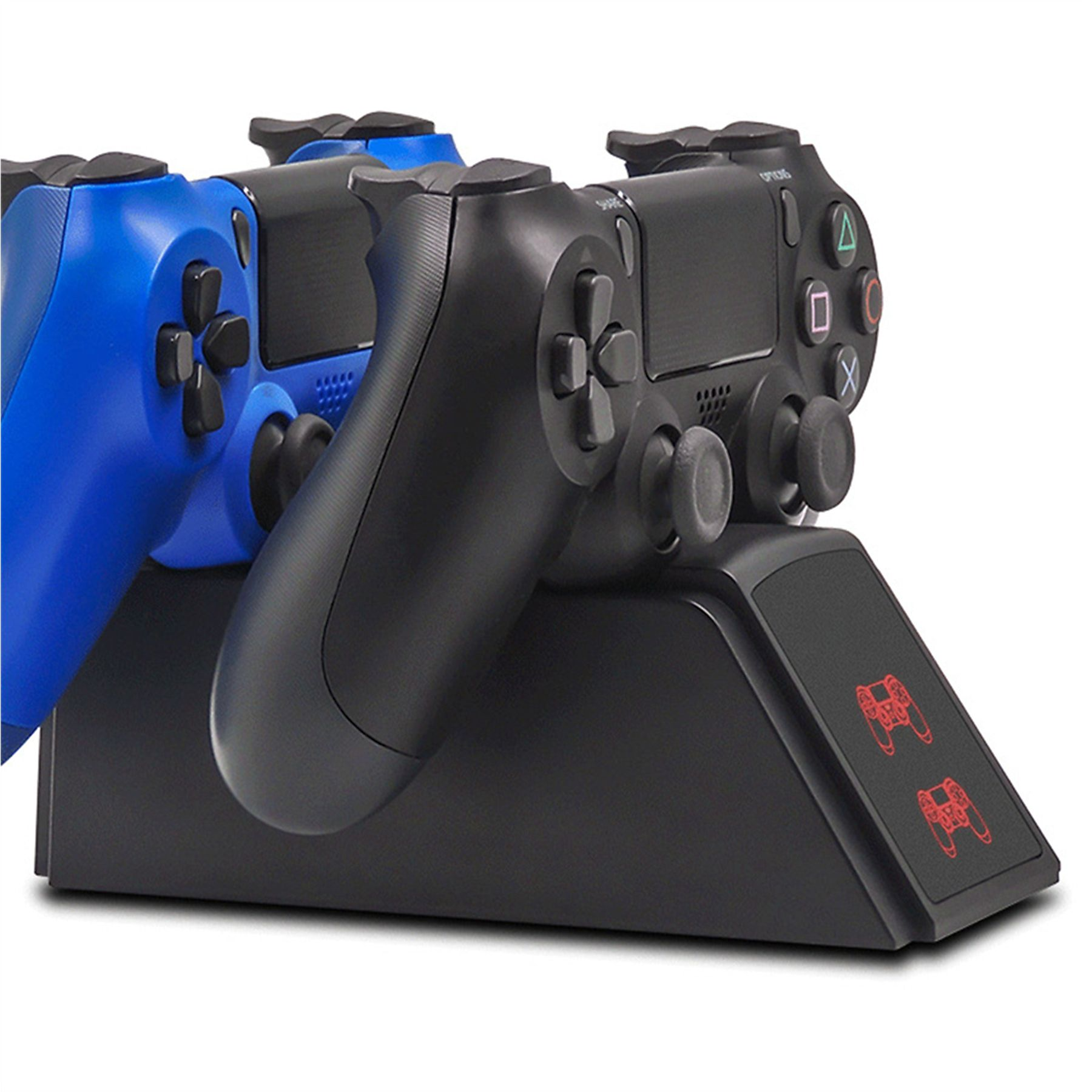 Zwei PlayStation 4-Controller auf einem Ladeständer. Einer schwarz und einer blau. Der Ständer hat grüne Controller-Symbole.