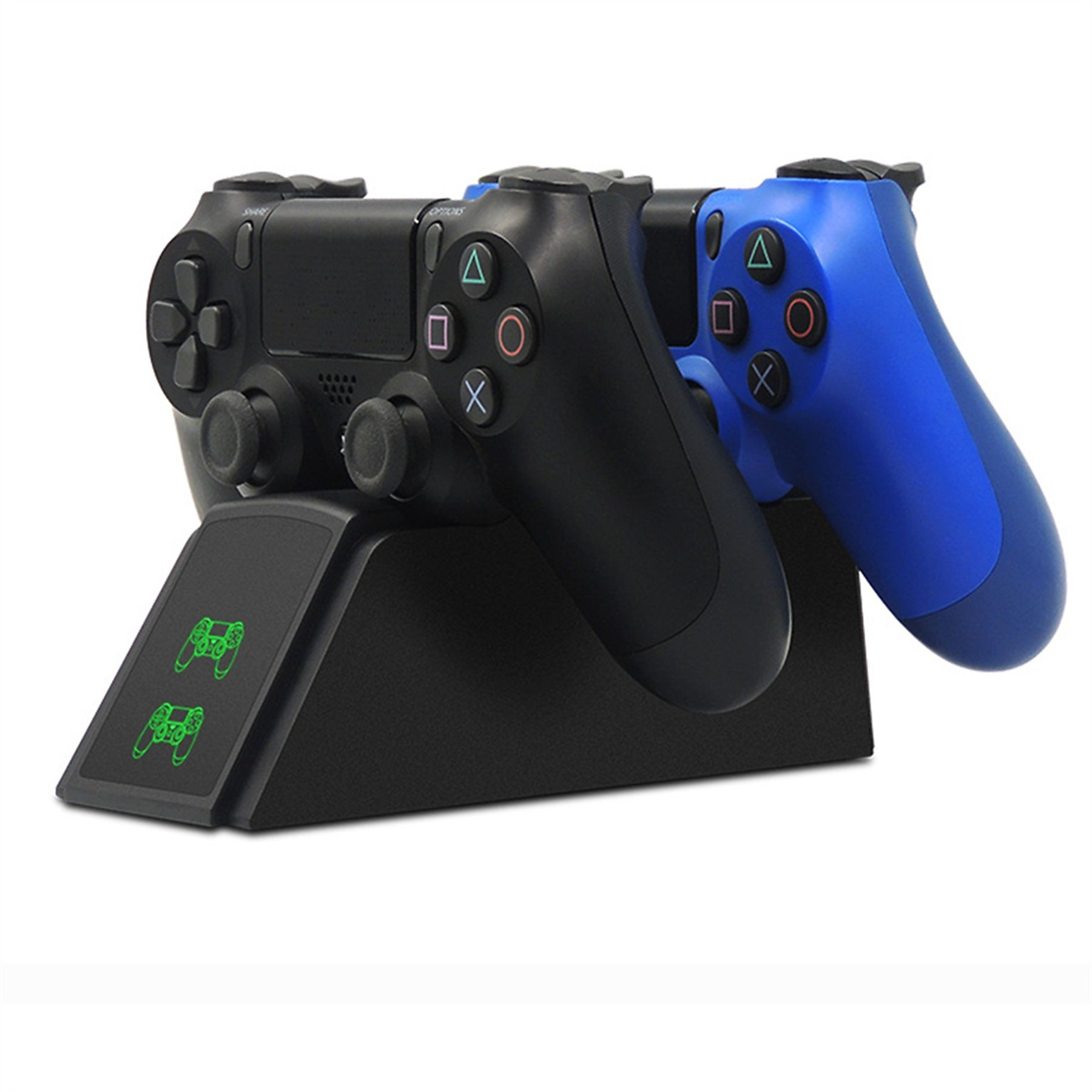 Zwei PlayStation 4-Controller auf einem Ladeständer. Einer ist schwarz, der andere blau. Weißer Hintergrund.