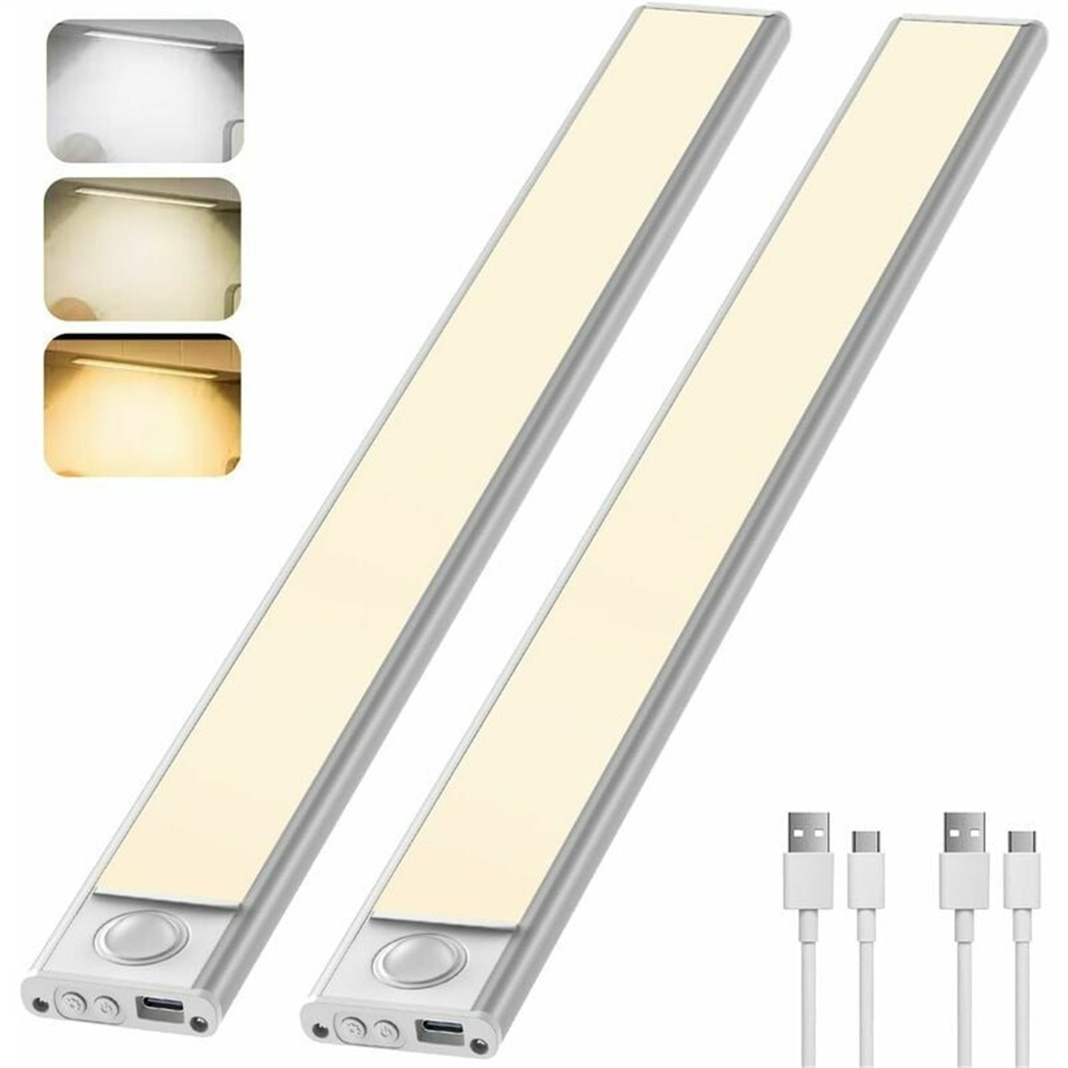Zwei LED-Lichtleisten und drei USB-Kabel. Die Lichter haben drei Farboptionen.