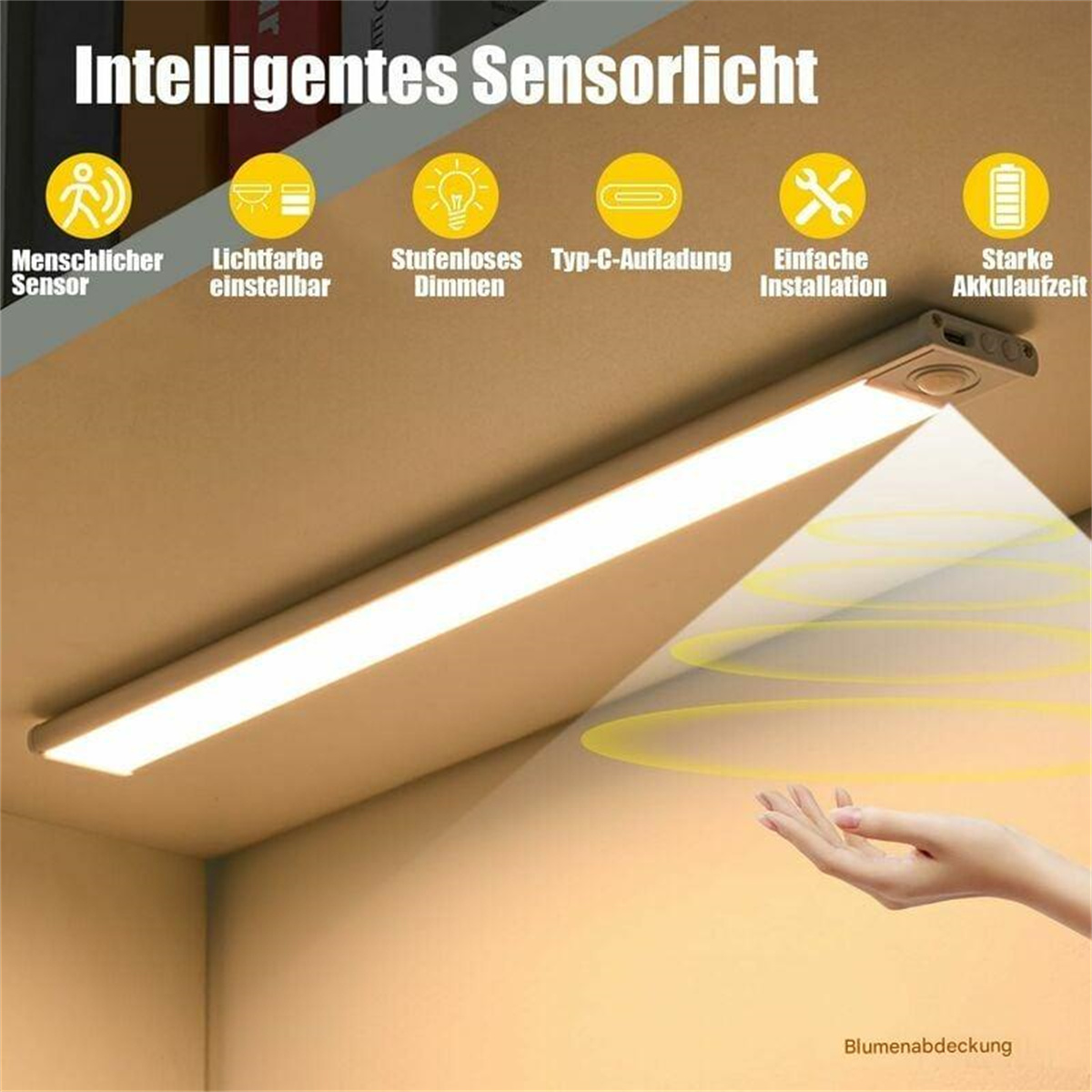 Eine Lichtleiste mit Symbolen. Eine Hand greift nach dem Licht. Text auf Deutsch.