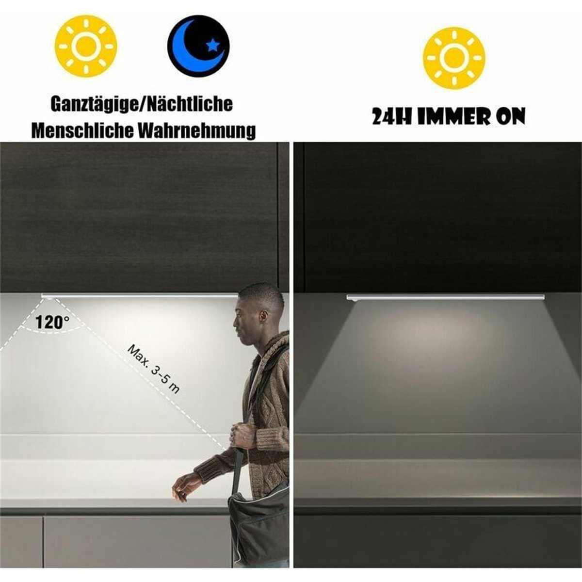 Zwei Szenen, die die Lichtnutzung zeigen. Ein Mann geht in der Nähe eines Lichts. Ein Licht ist an.