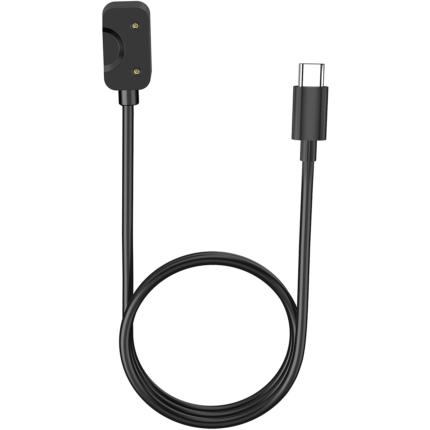 Ein schwarzes Uhrenladegerät mit USB-C-Anschluss. Der Ladekopf befindet sich oben und der Anschluss unten.