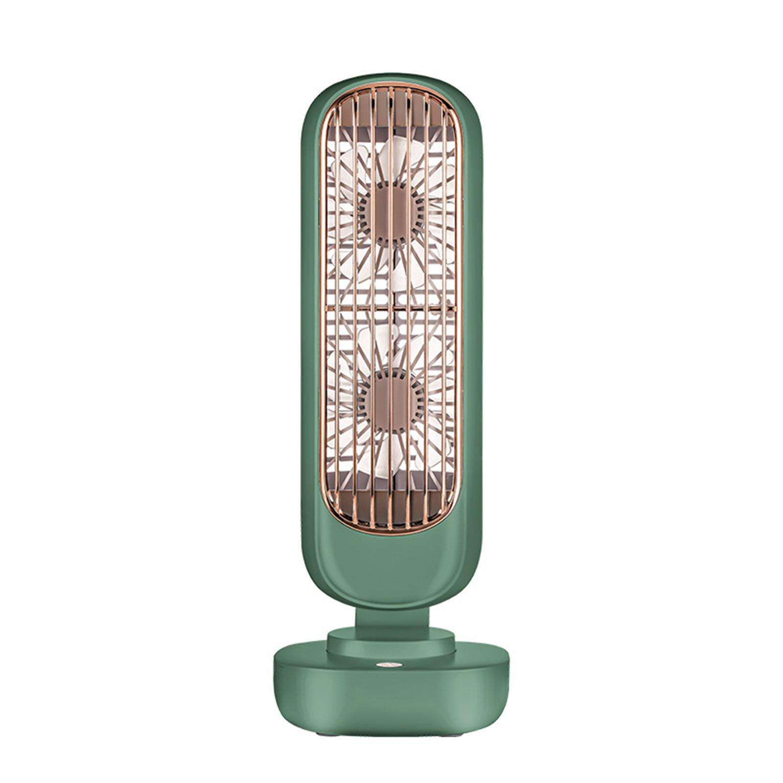 Ein grüner und goldener tragbarer Ventilator. Der Ventilator hat einen Ständer und ein doppeltes Klingendesign.