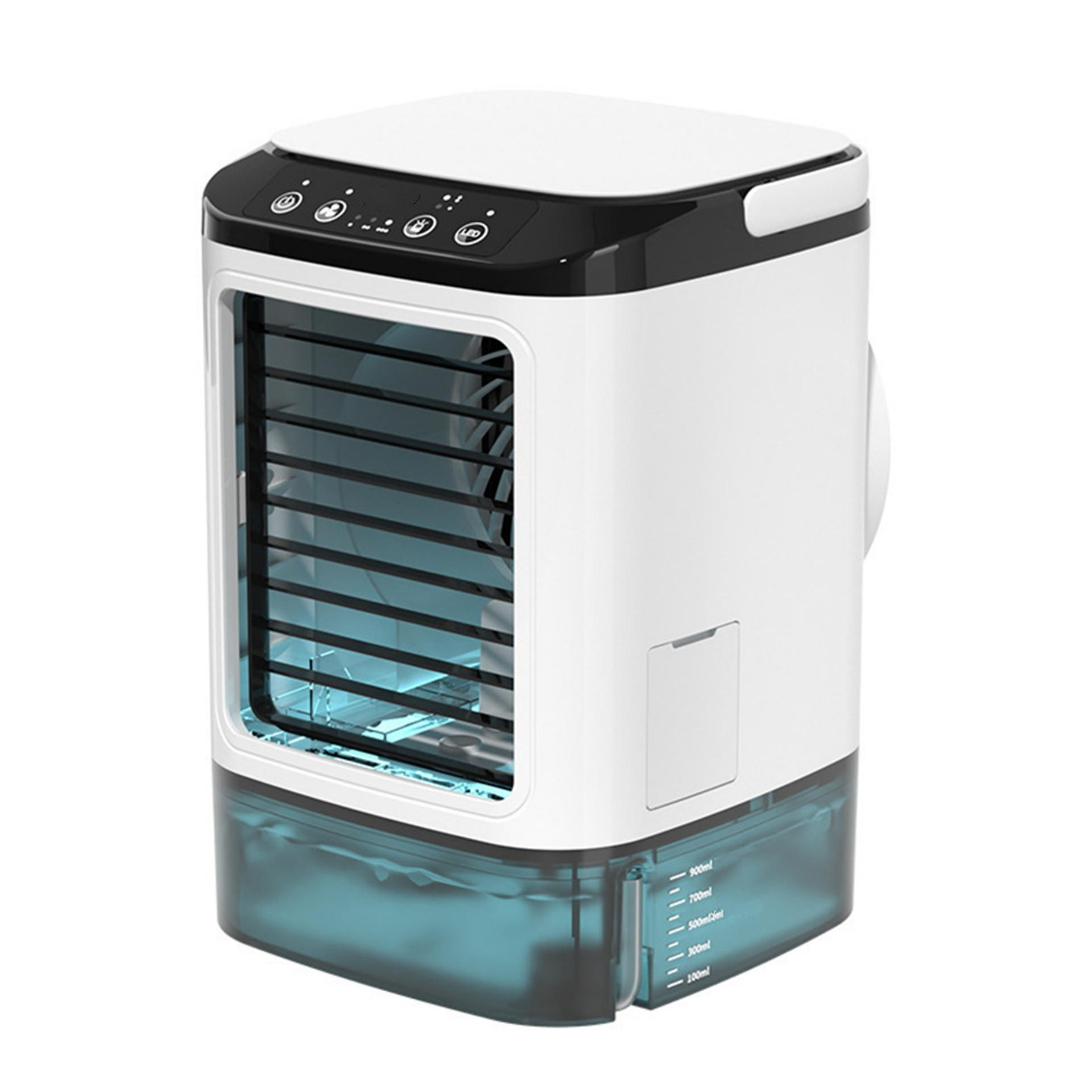 Weiß-blauer Luftkühler mit Bedienfeld oben. Er hat einen Wassertank und einen Ventilator.