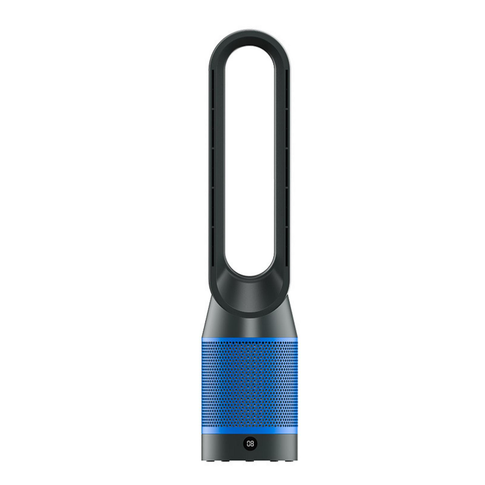 Ein hoher blau-schwarzer Ventilator. Der Ventilator hat einen kreisförmigen Sockel und eine lange, ovale Öffnung.