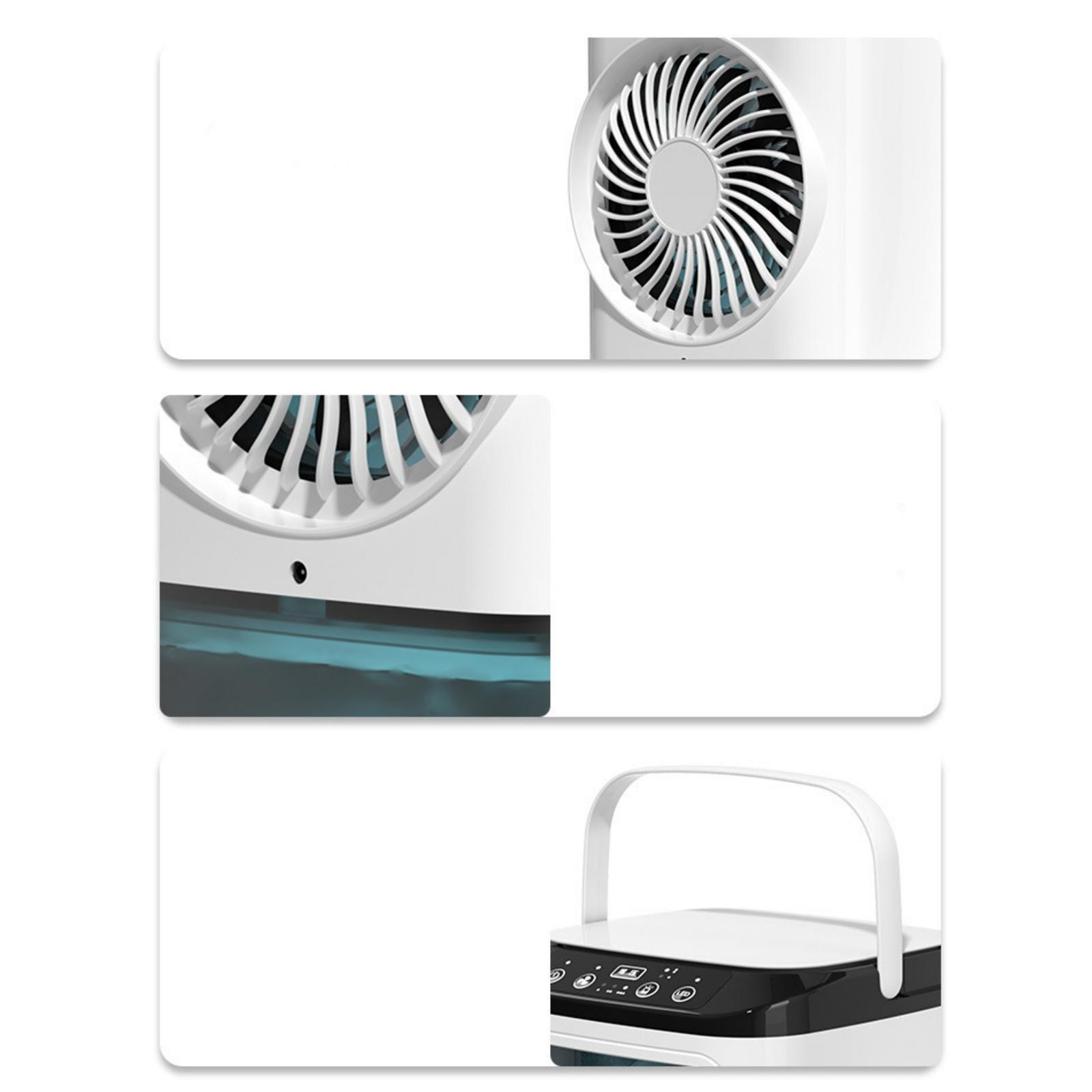 Drei Bilder eines Luftkühlers: Ventilator, Wassertank und Griff. Der Kühler ist weiß mit schwarzem Rand.