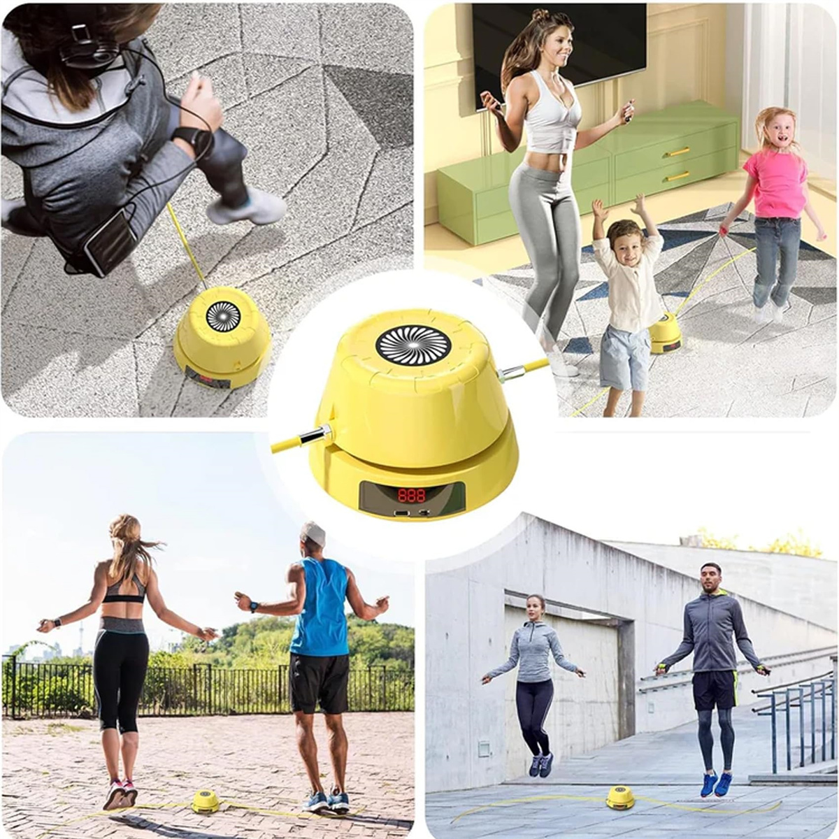 Collage von Menschen, die eine gelbe Springseilmaschine verwenden: drinnen, Park, Fitnessstudio und draußen.