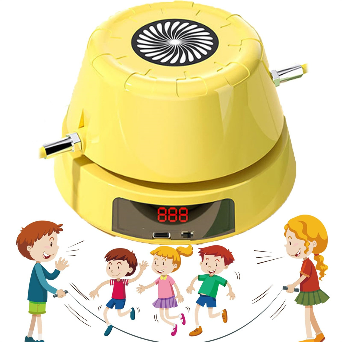 Gelbe Springseilmaschine mit Anzeige 888. Vier Kinder springen darum herum Seil.
