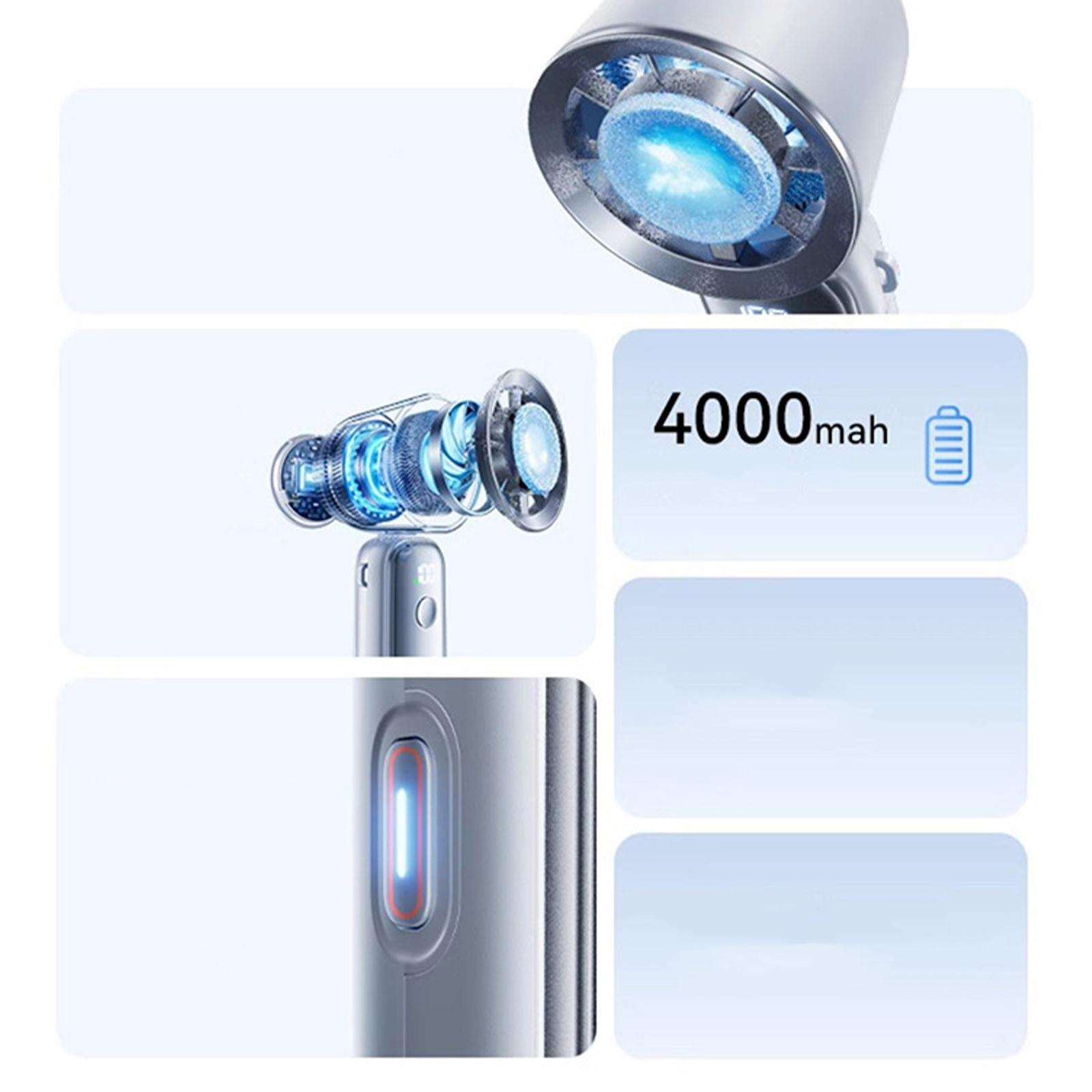 Nahaufnahme eines Ventilators. Detail des Motors und der Batterie. Der Lüfter hat einen 4000-mAh-Akku.