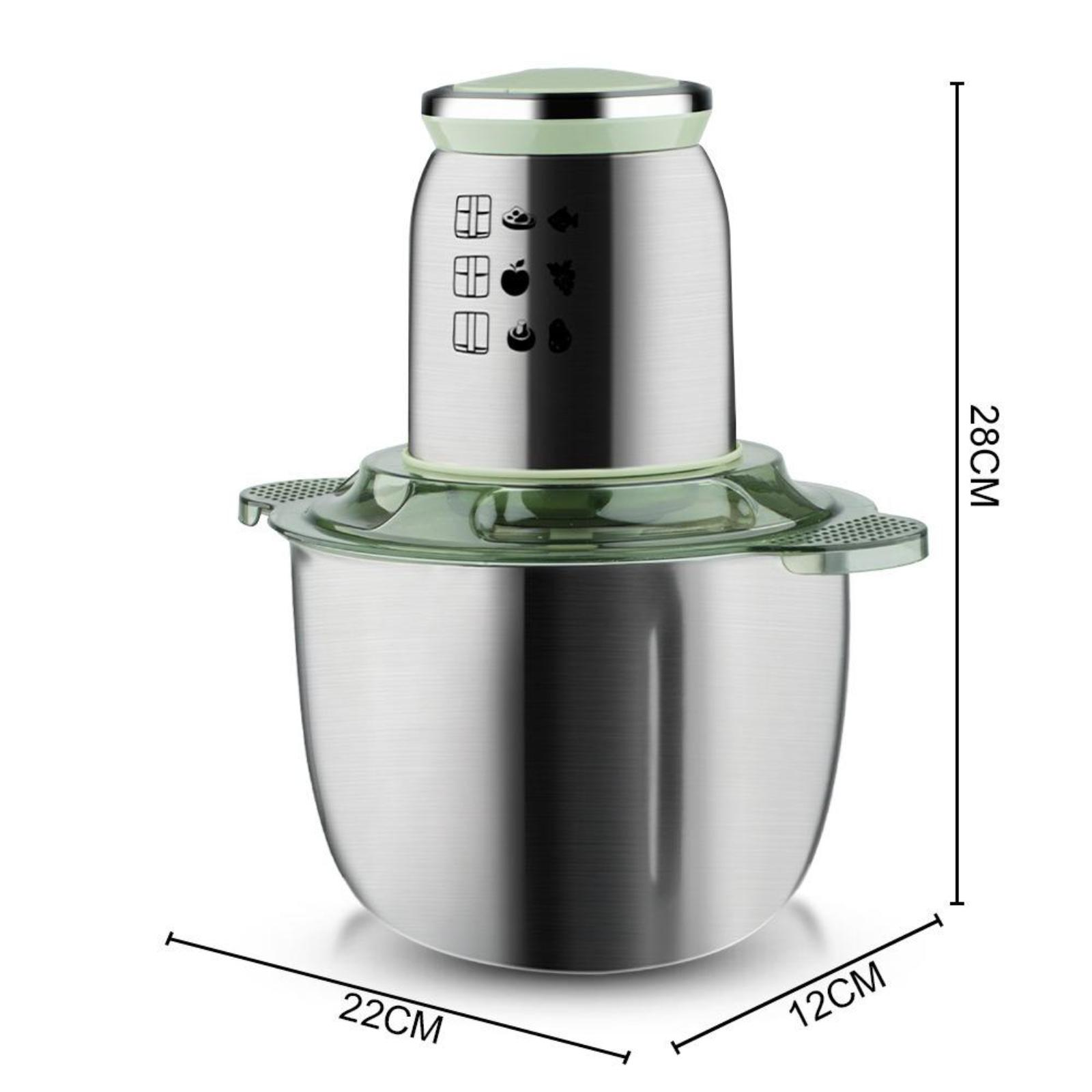 Ein Edelstahl-Food-Processor mit grünem Sockel und silberner Schüssel. Abmessungen sind beschriftet.