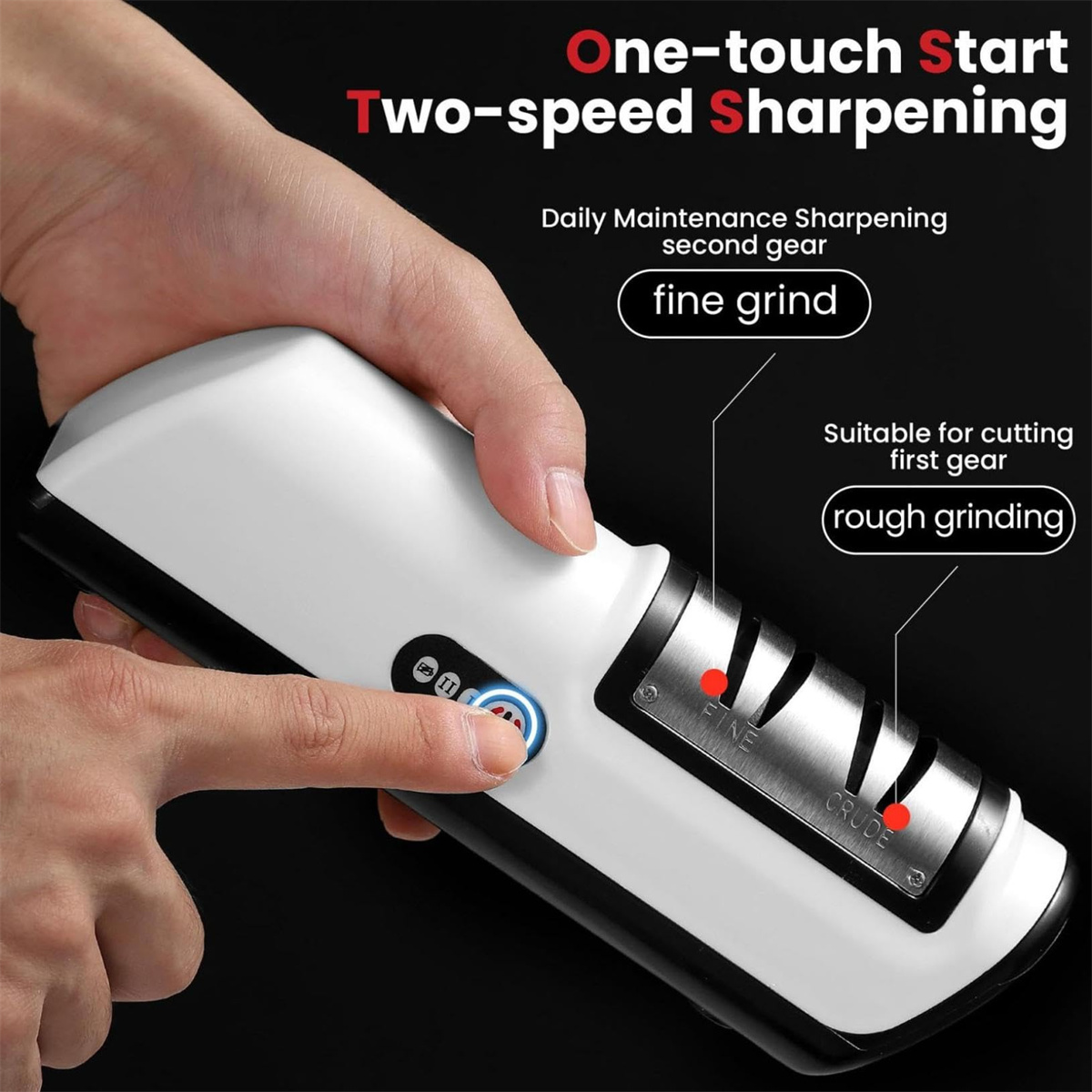 Ein elektrischer Messerschärfer, mit einer Hand, die einen Knopf drückt. Text zeigt 'One-touch Start' und 'Two-speed Sharpening'.