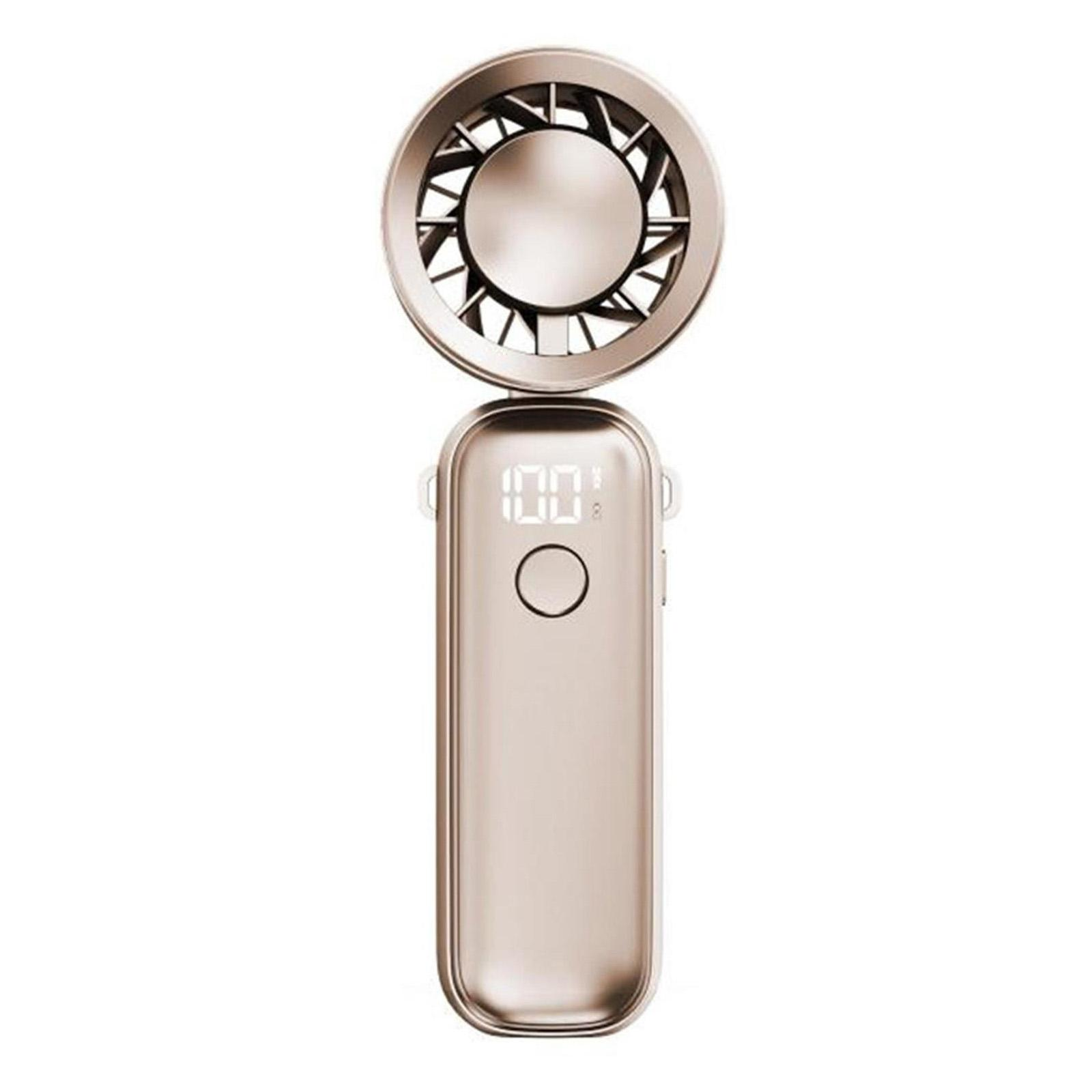 Ein goldener Handventilator mit digitaler Anzeige und kreisförmigem Ventilator oben, vor weißem Hintergrund.