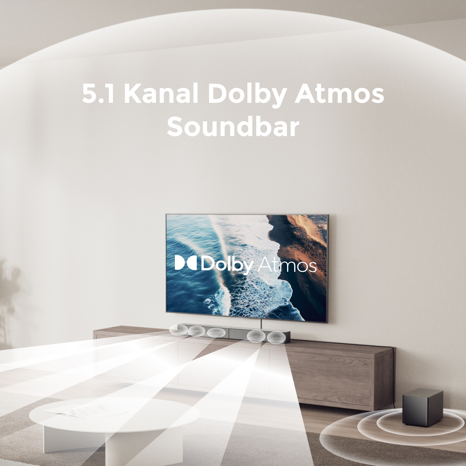 Eine Soundbar mit einem Fernseher auf einem Schrank. Die Soundbar befindet sich unter dem Fernseher. Text: '5.1 Kanal Dolby Atmos Soundbar'.