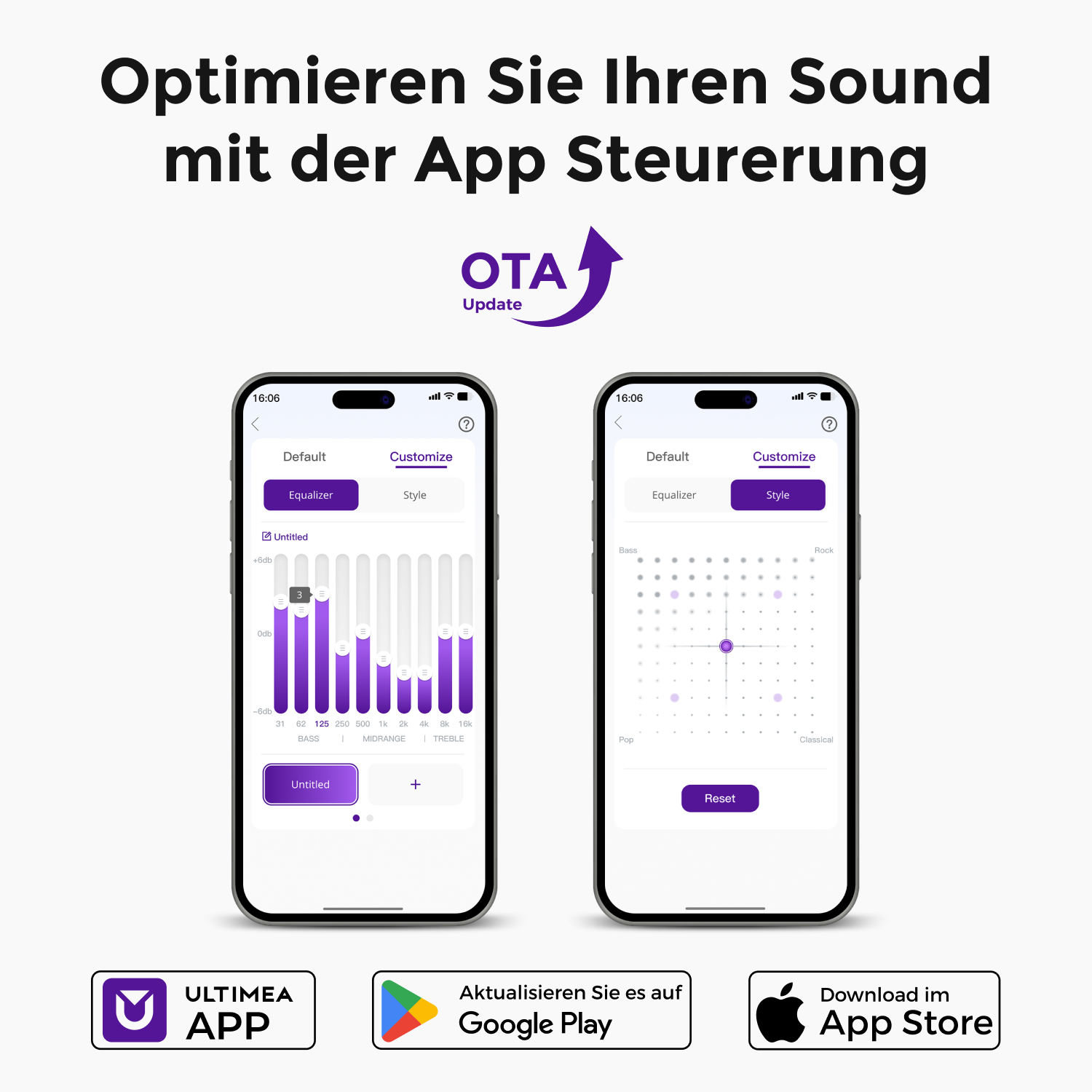 Zwei Telefone mit App-Oberflächen. Der Text lautet: 'Optimieren Sie Ihren Sound mit App-Steuerung' und 'OTA Update'.