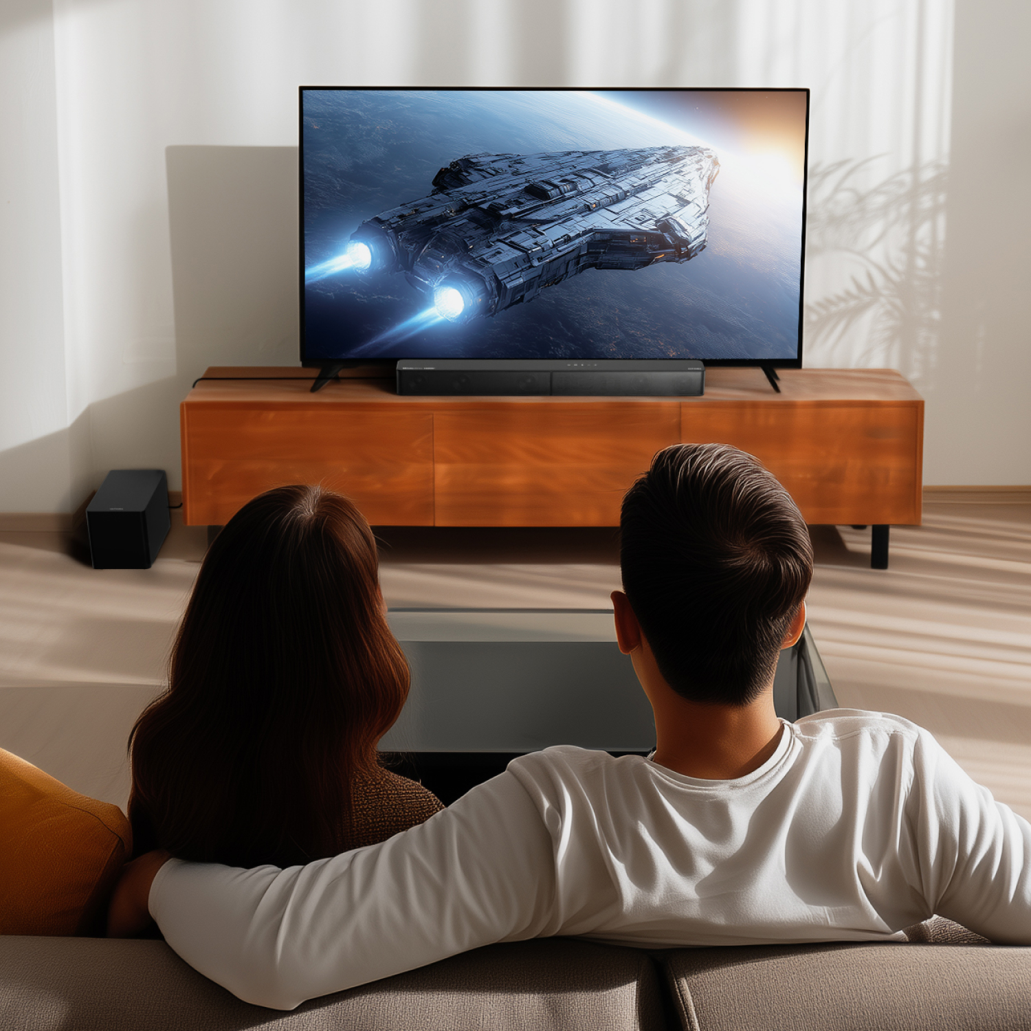 Para ogląda telewizję. Telewizor wyświetla statek kosmiczny. Soundbar pod telewizorem. Czarny głośnik po lewej.