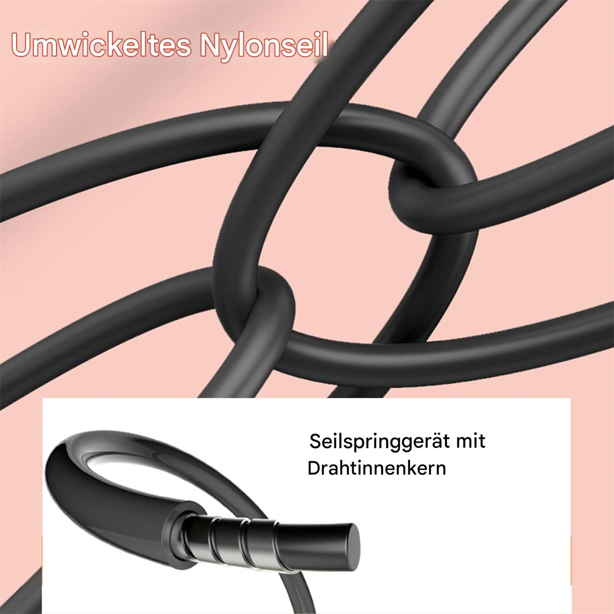 Nahaufnahme eines schwarzen Nylonseils, das zu einem Knoten angeordnet ist. Ein Ausschnitt zeigt den Drahtkern des Seils.