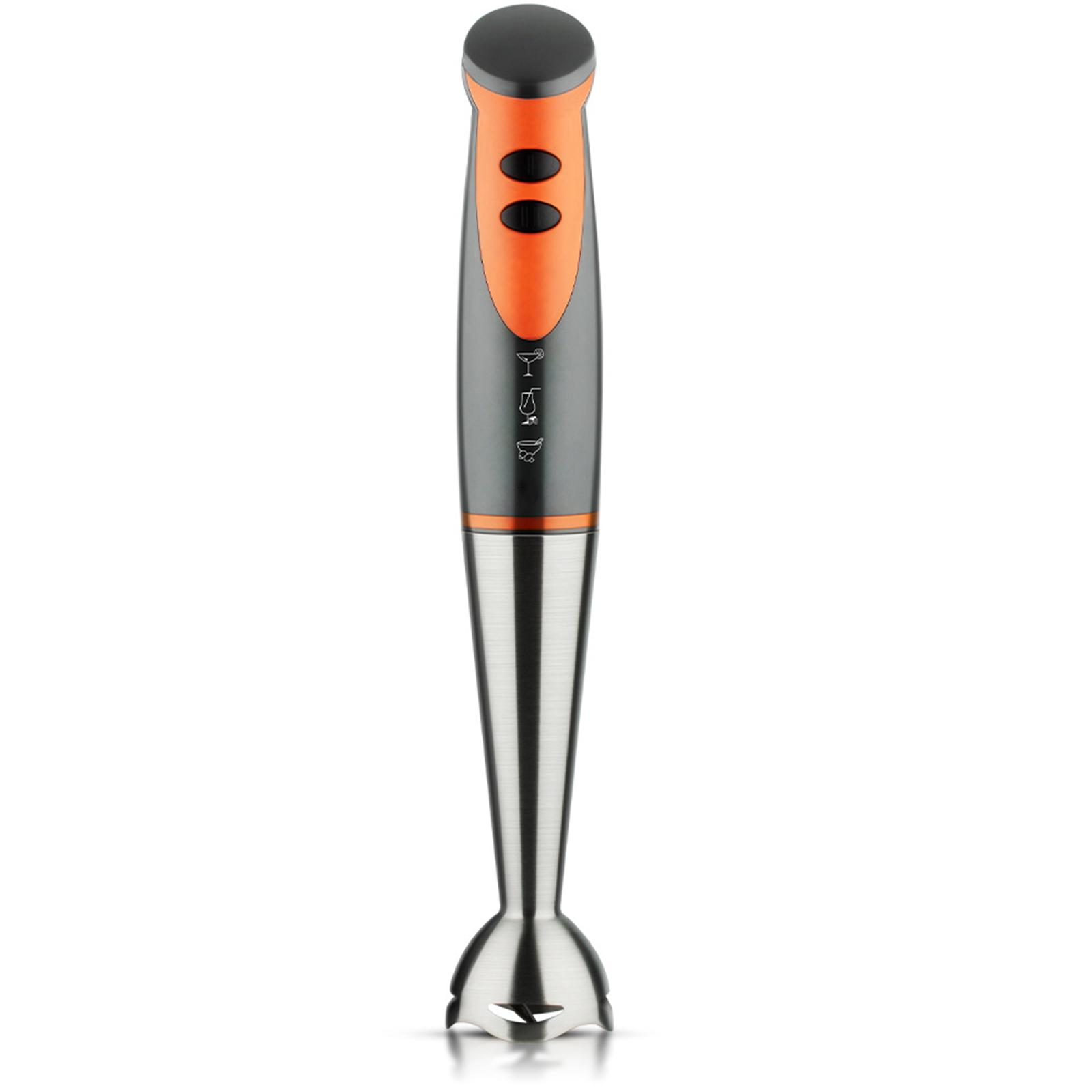 Ein orangefarbener und grauer Handmixer. Er hat zwei Knöpfe und eine Edelstahlklinge.