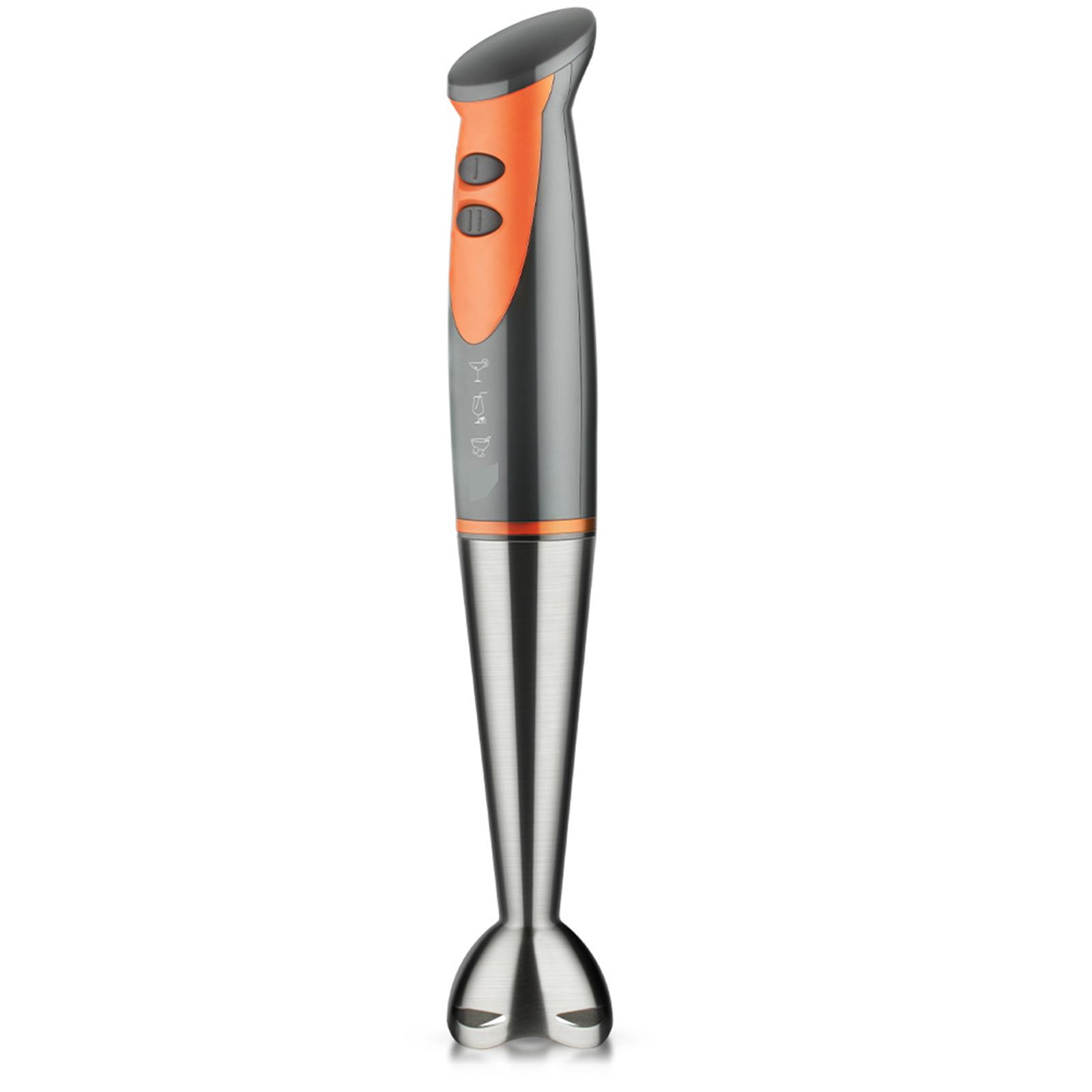 Ein orangefarbener und grauer Handmixer. Er hat zwei Knöpfe und eine Edelstahlklinge.