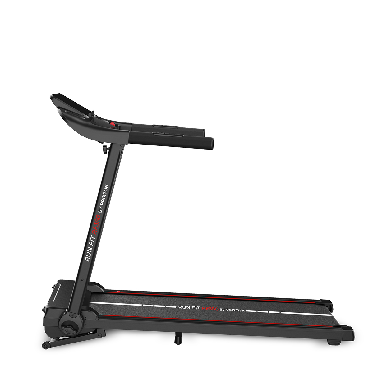 Bieżnia z czarną ramą i czerwonymi akcentami. Widoczny jest tekst 'Run Fit RF350 by Prixton'.