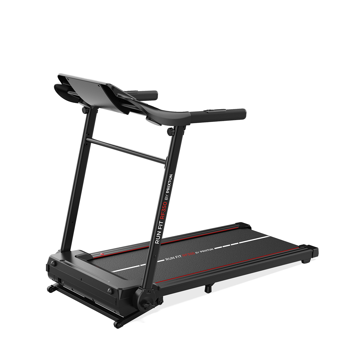 Czarna bieżnia z panelem sterowania. Ma powierzchnię do biegania i ekran.