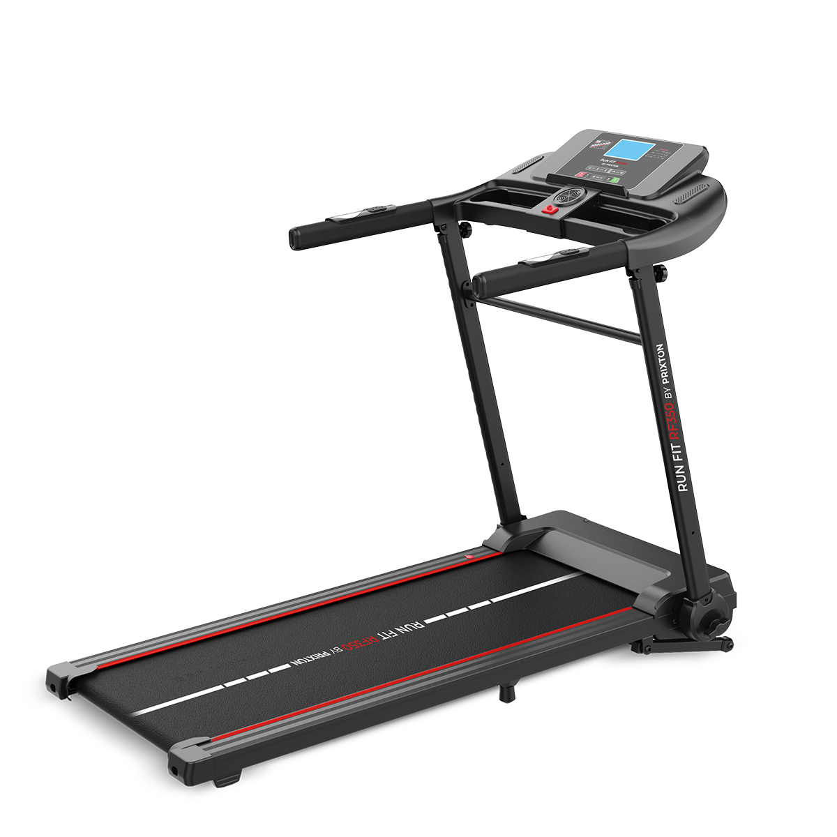 Czarna i szara bieżnia z czerwonym paskiem na pasie. Wyświetlacz jest włączony.