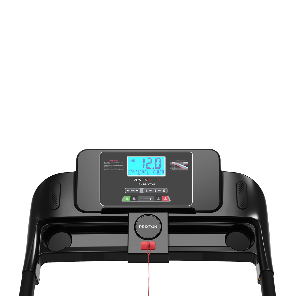 Zbliżenie panelu sterowania bieżni, wyświetlającego prędkość i inne dane.