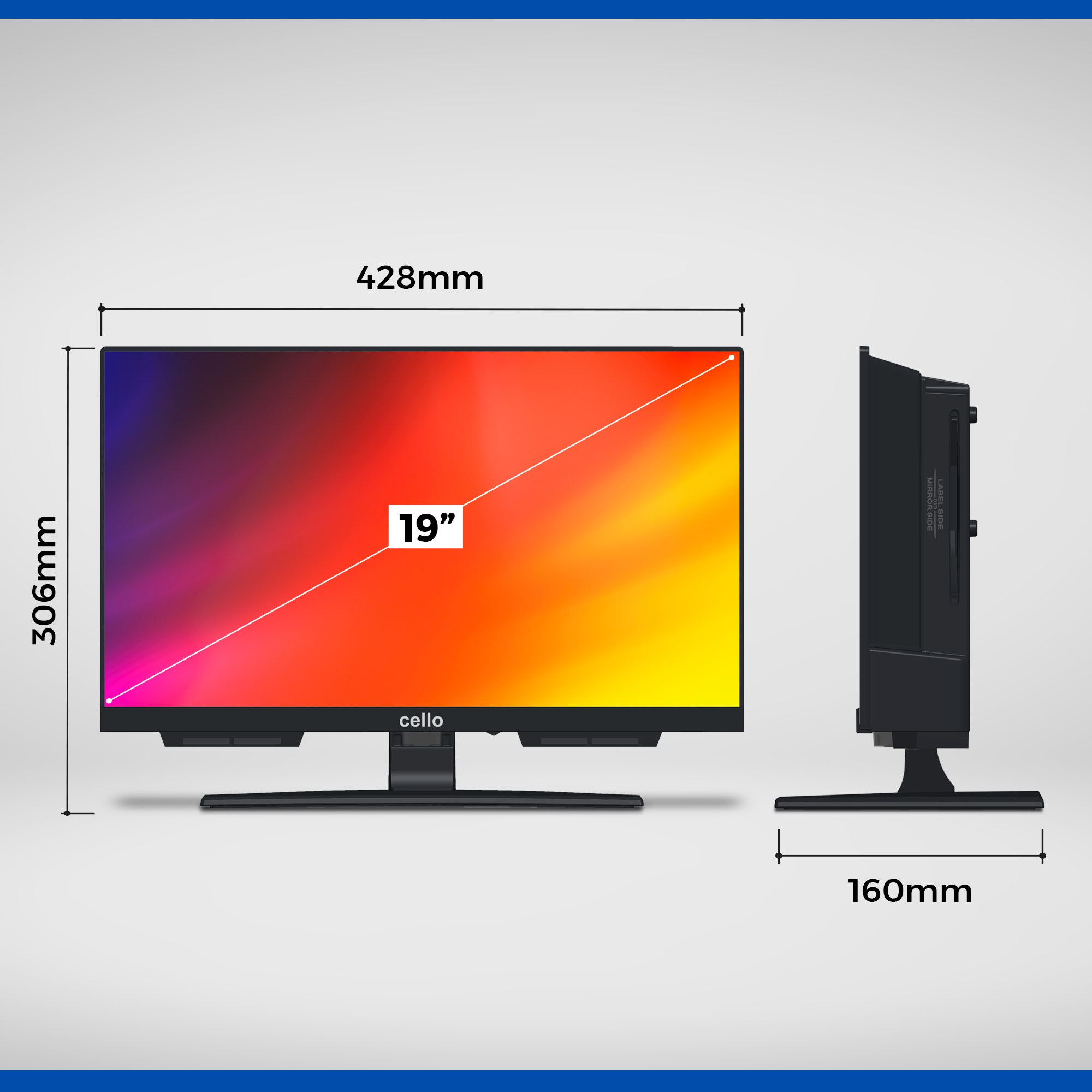 Ein Monitor mit farbenfroher Anzeige, der Abmessungen und die Marke 'cello' zeigt.