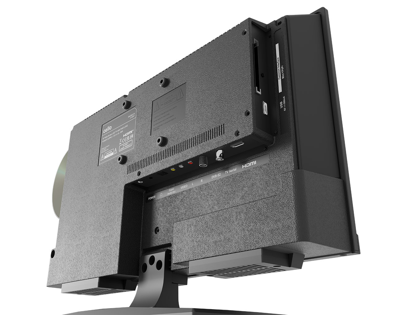 Rückansicht eines Cello-Fernsehers mit DVD-Player, vor einem weißen Hintergrund.