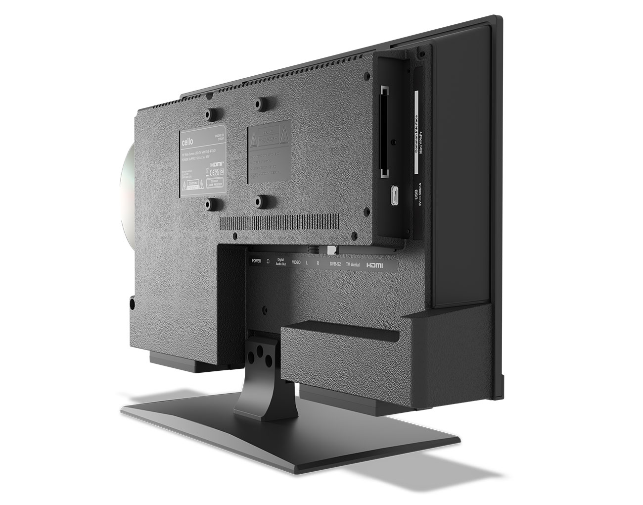 Abgewinkelte Rückansicht eines schwarzen Cello-Fernsehers mit DVD-Player vor einem weißen Hintergrund.