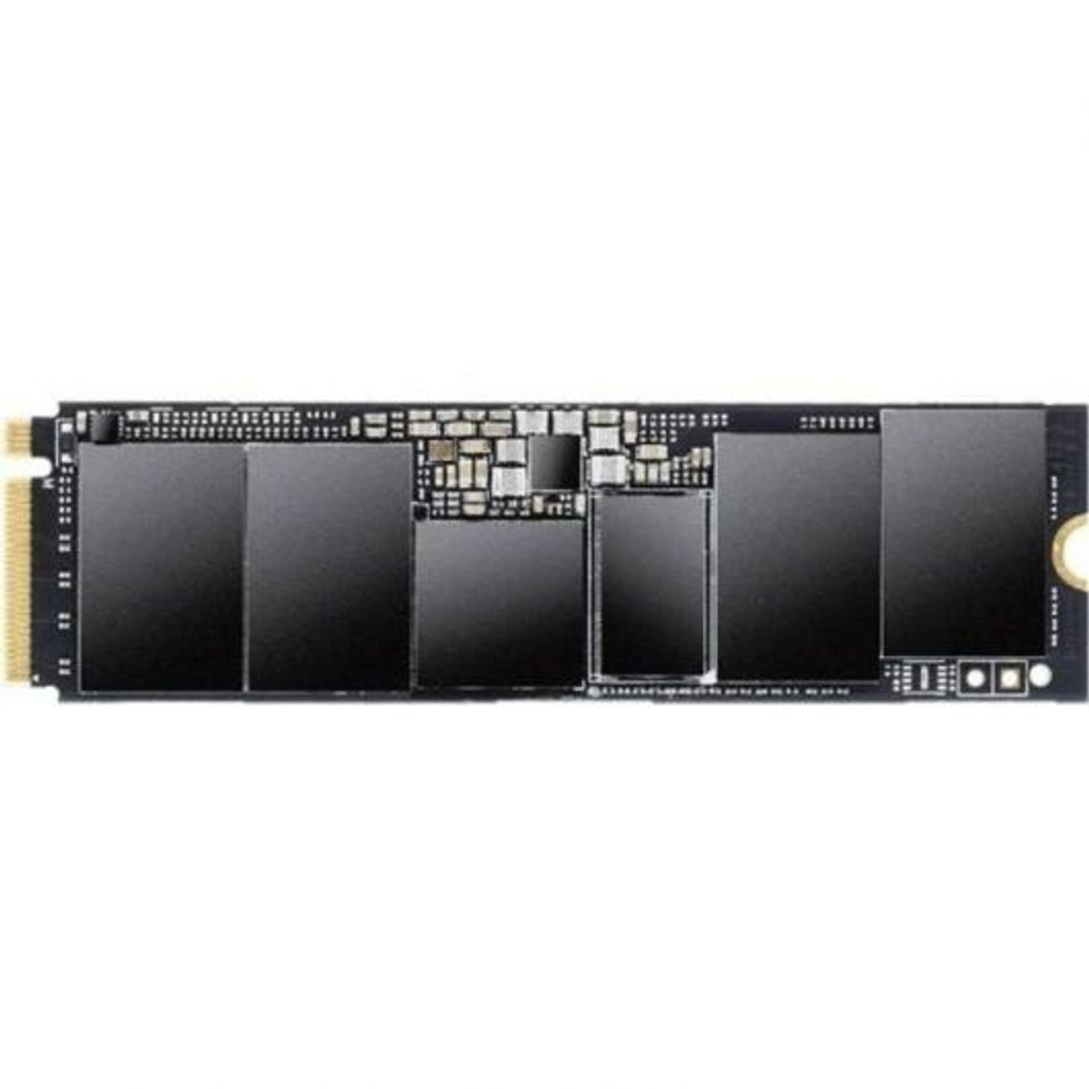Una unidad SSD M.2 con una placa de circuito impreso negra y múltiples chips rectangulares negros.