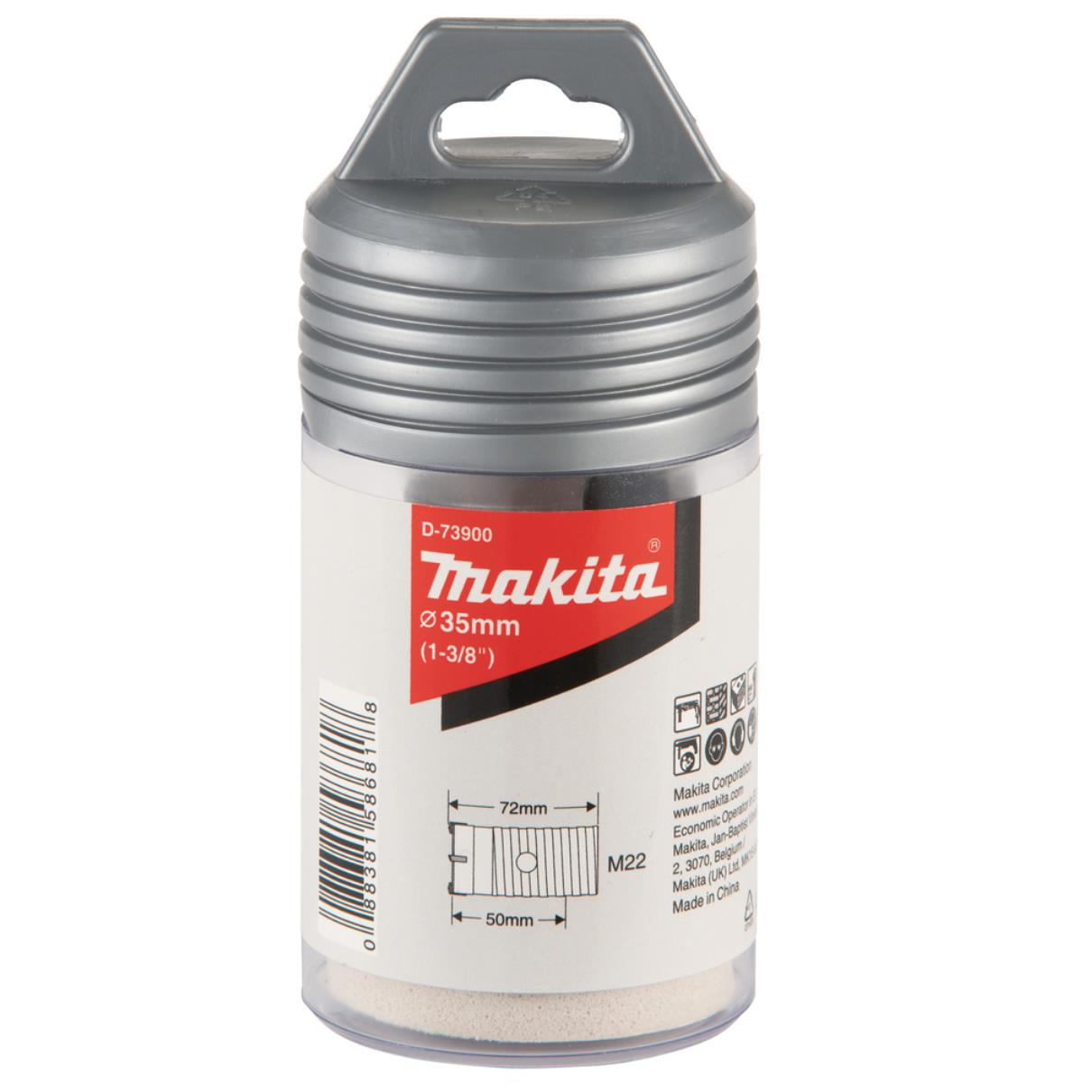 Ein Makita Lochsäge-Set in einem Kunststoffbehälter. Der Hintergrund ist weiß.