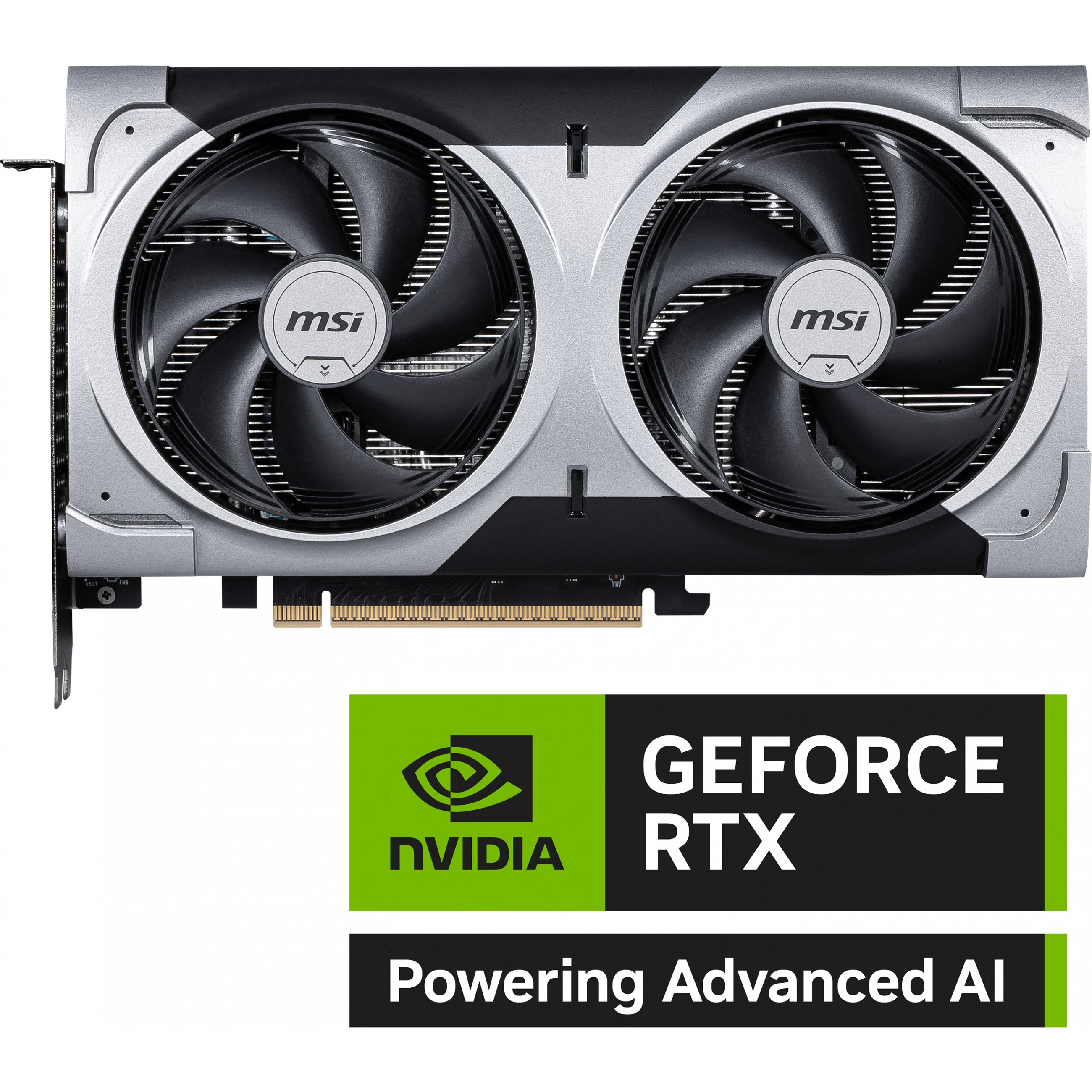 Karta graficzna MSI GeForce RTX z dwoma wentylatorami, srebrno-czarny design. Obecne logo NVIDIA i RTX.
