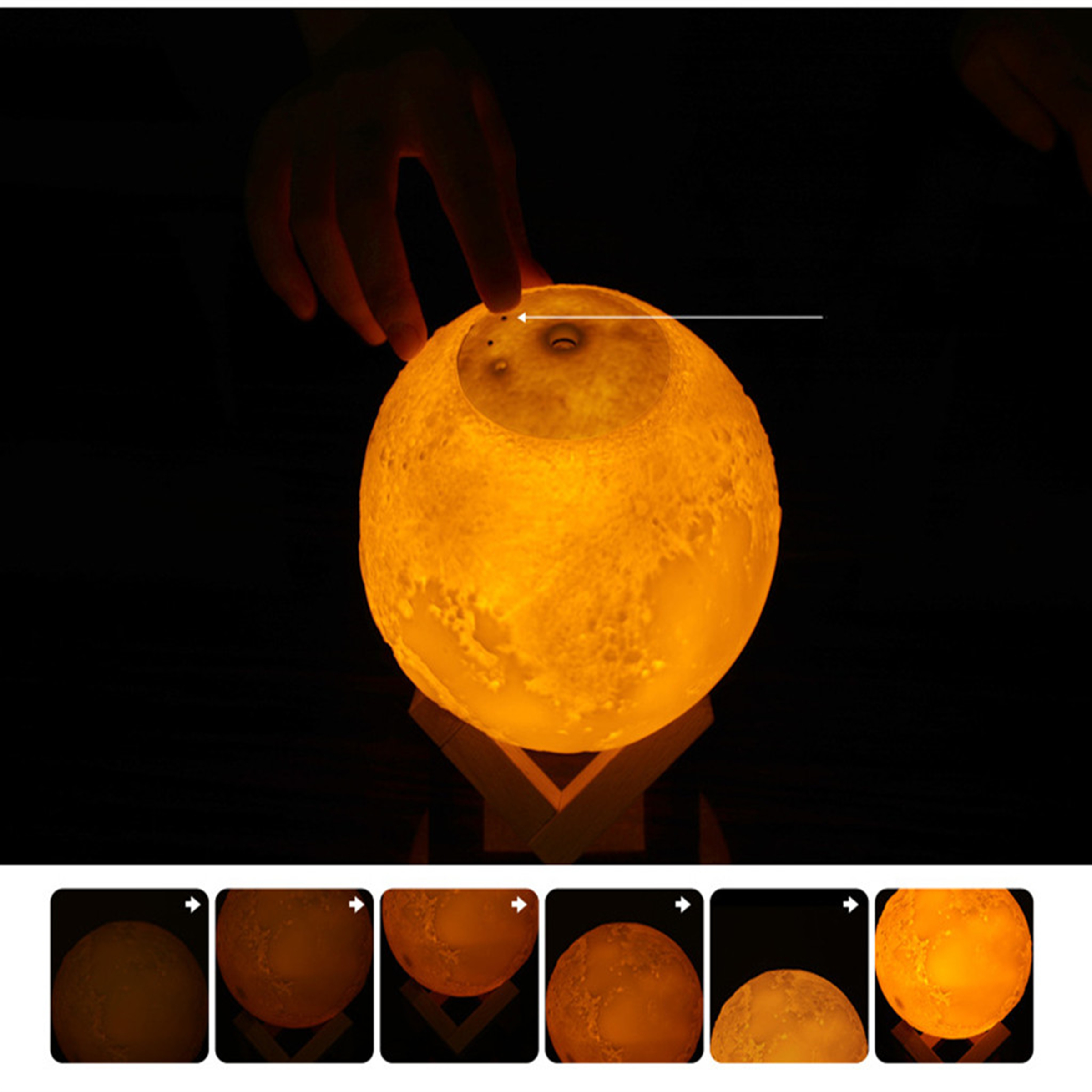Mondförmige Lampe leuchtet orange. Eine Hand berührt den Mond. Sechs kleinere Bilder zeigen Lichtvariationen.