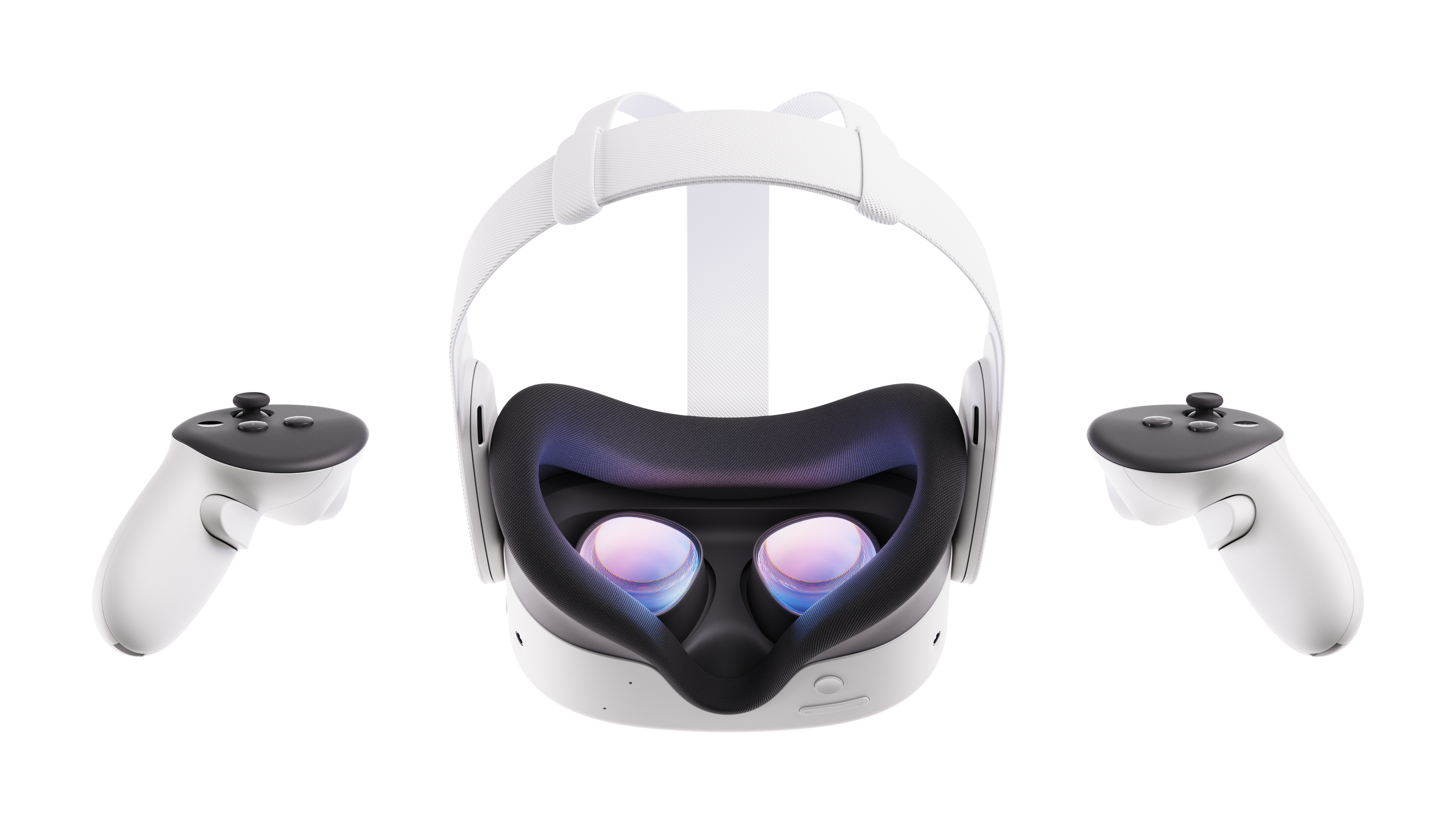 Cuffie VR e controller. Le cuffie sono bianche con imbottitura nera. I controller sono bianchi e neri.