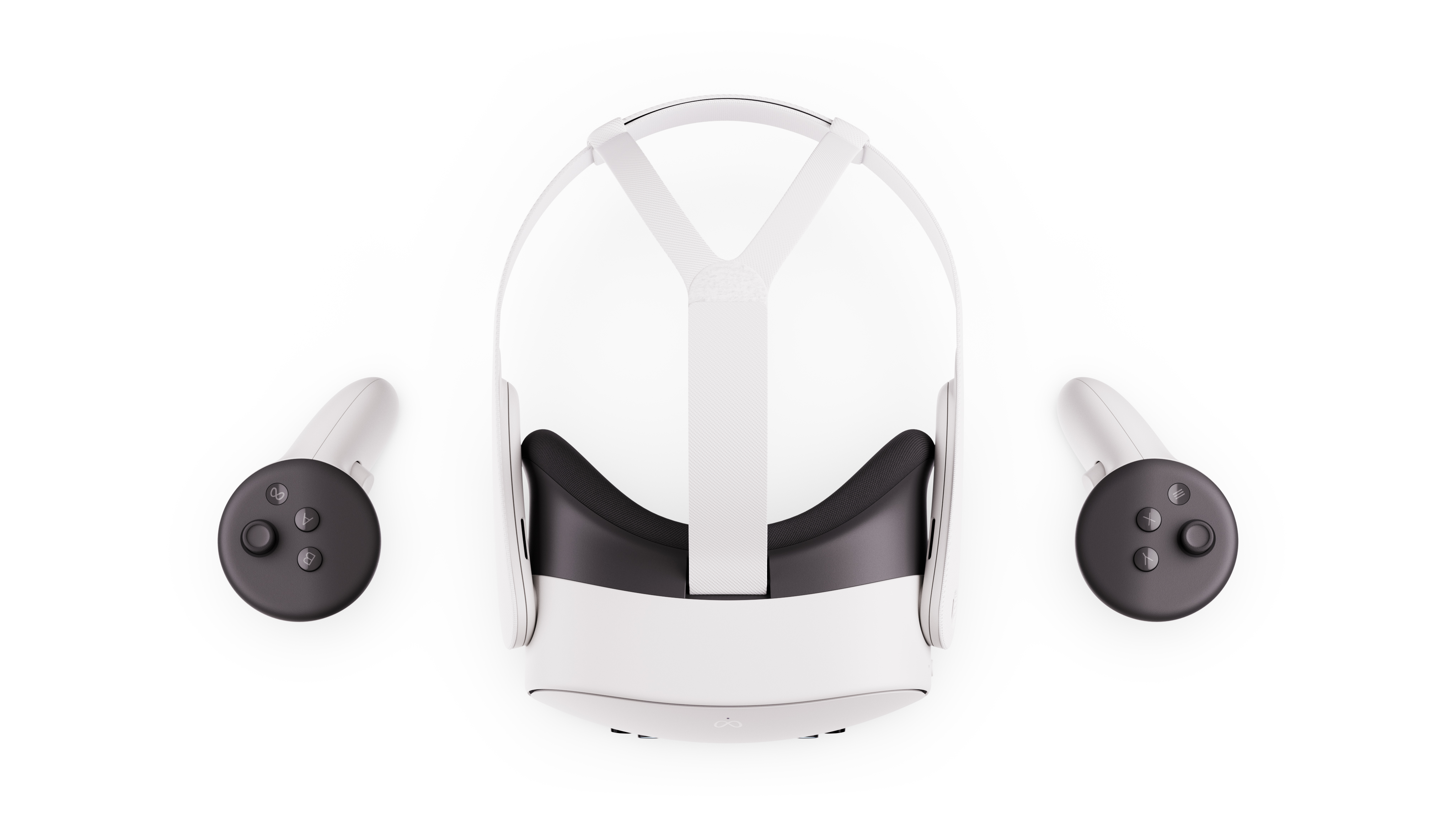 Cuffie VR bianche con controller. Le cuffie sono centrate, i controller su ogni lato su sfondo bianco.