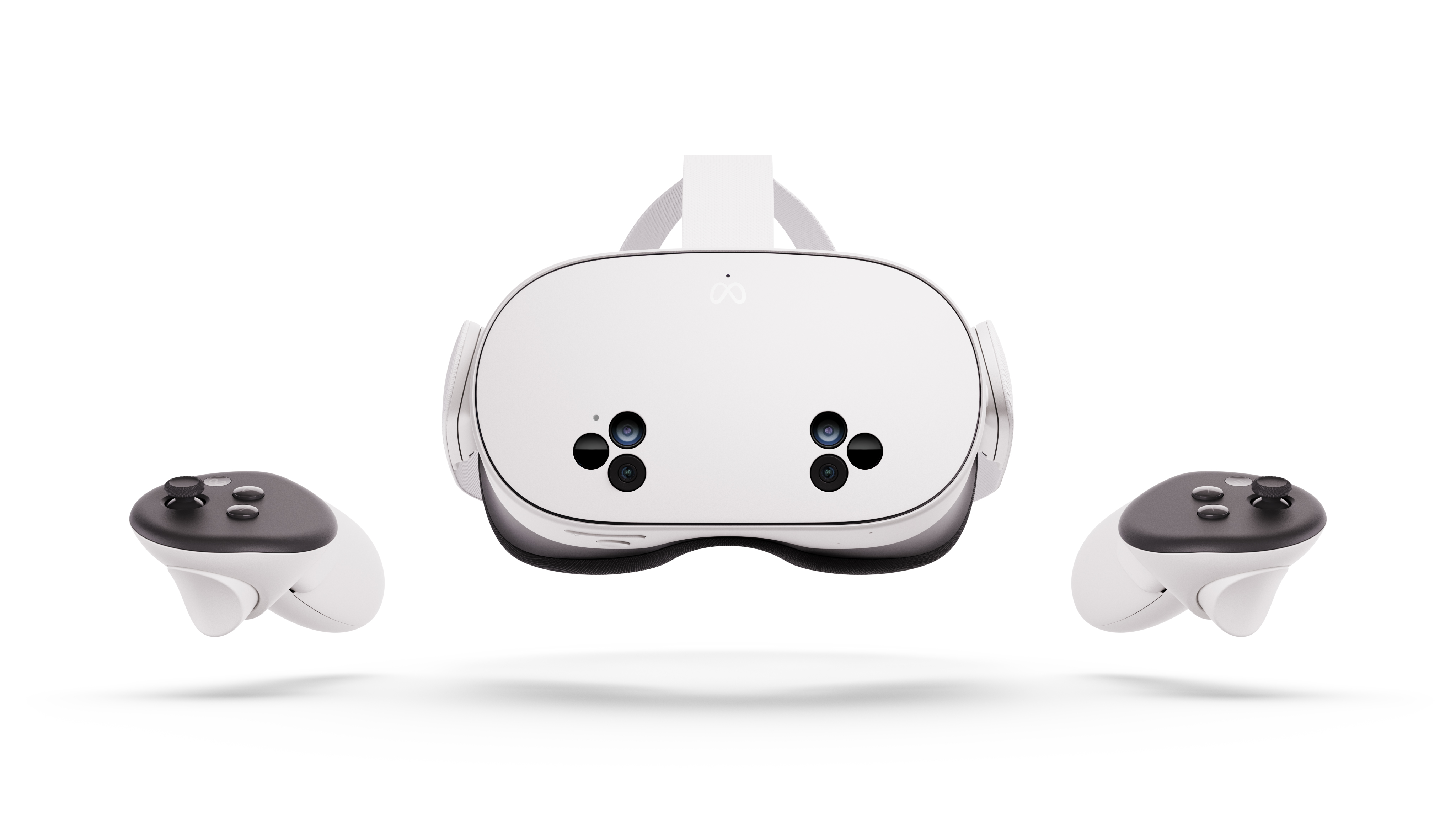 Visore VR bianco con due controller. L'auricolare ha due fotocamere frontali.