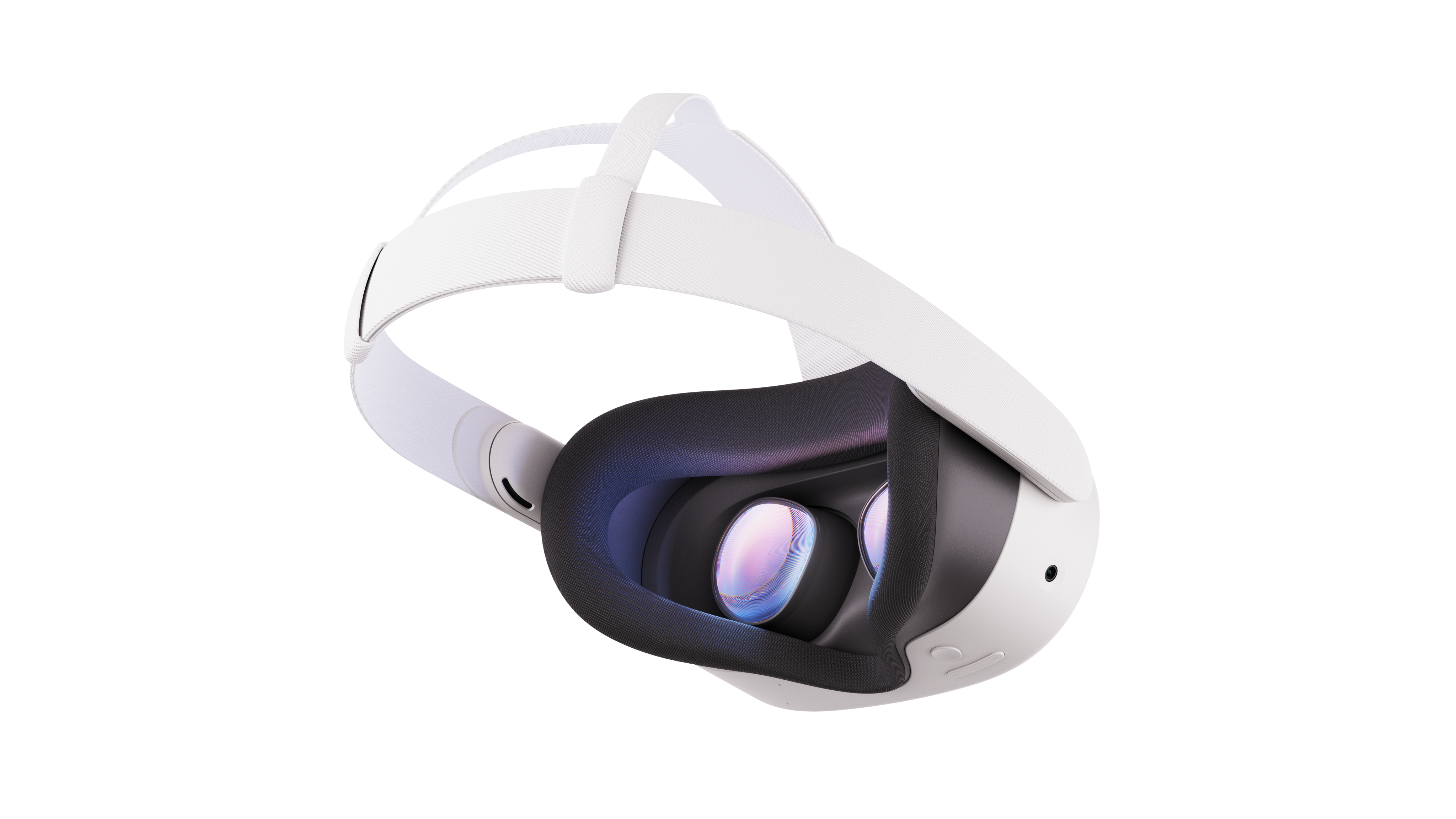 Vista interna di un visore VR, che mostra lenti e imbottitura, isolato su uno sfondo bianco pulito.