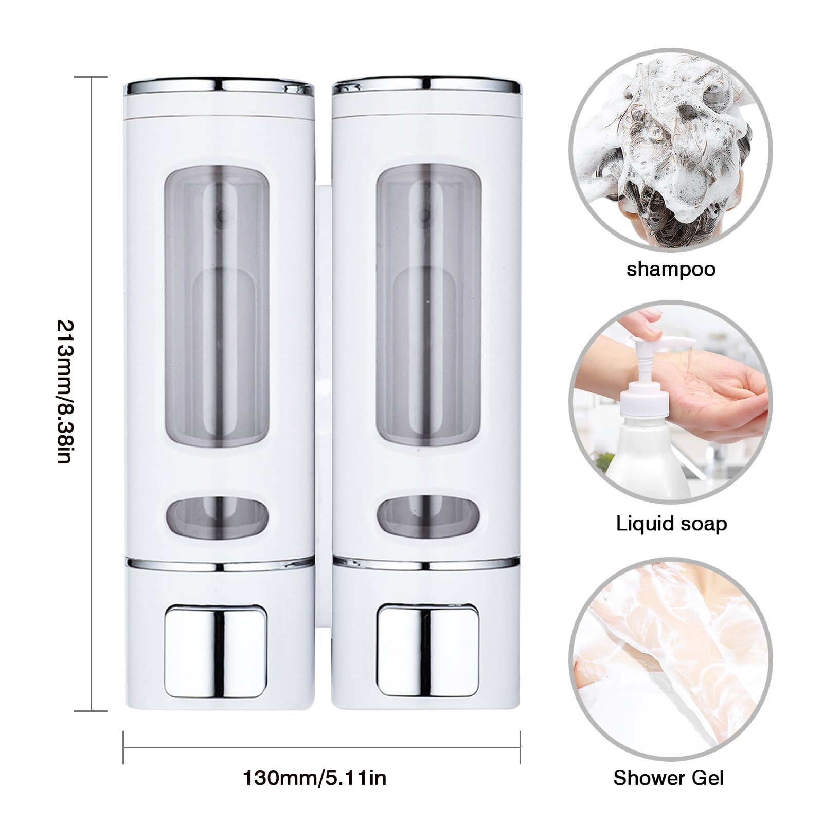 Zwei weiße, wandmontierte Seifenspender mit klaren Fenstern. Illustrationen zeigen die Verwendung mit Shampoo und Seife.