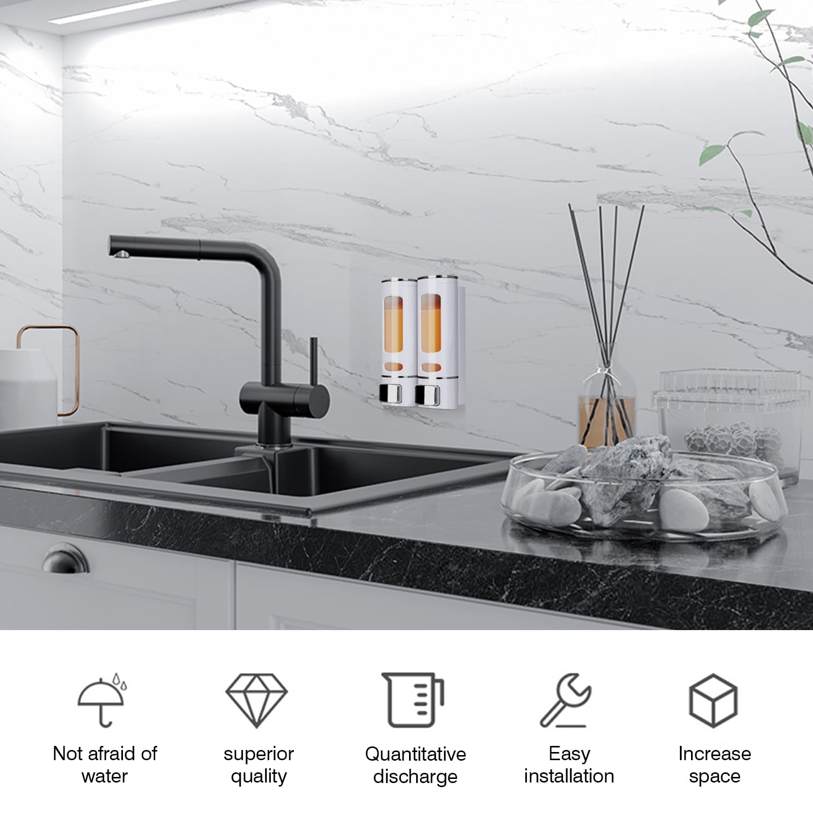 Küche mit Wasserhahn, Seifenspendern und Symbolen zu Qualität und Installation.