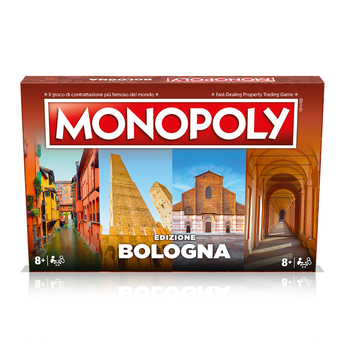 Una scatola del gioco del Monopoli. Contiene immagini di edifici e paesaggi urbani di Bologna, Italia.