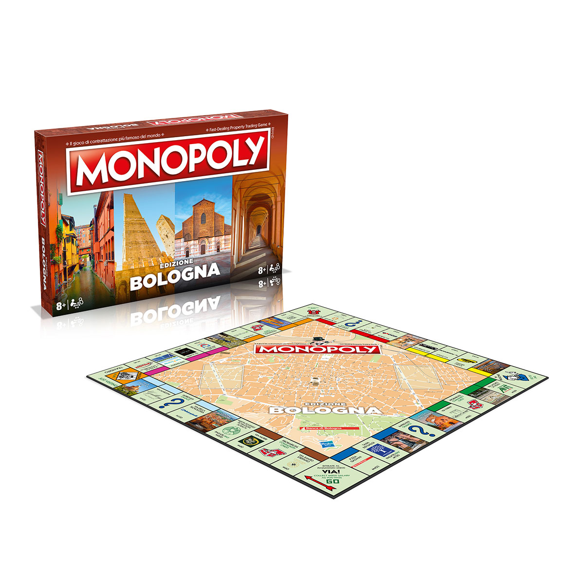 Una scatola del gioco Monopoly e un tabellone. La scatola mostra immagini della città. Il tabellone mostra una mappa.