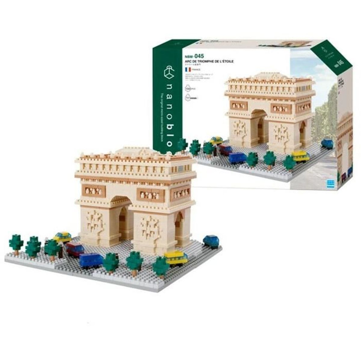 Ein Spielzeugmodell des Arc de Triomphe, mit Autos und Bäumen auf einer Basis. Die Box wird gezeigt.