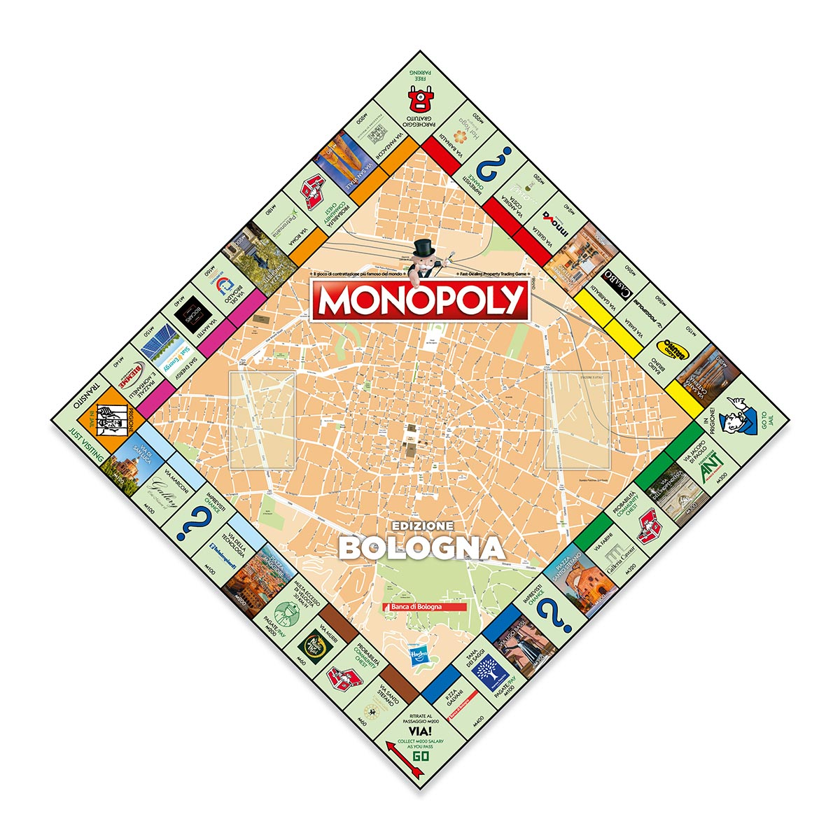 Un tabellone di Monopoly con una mappa di Bologna, Italia, con vari spazi di proprietà ed elementi di gioco.