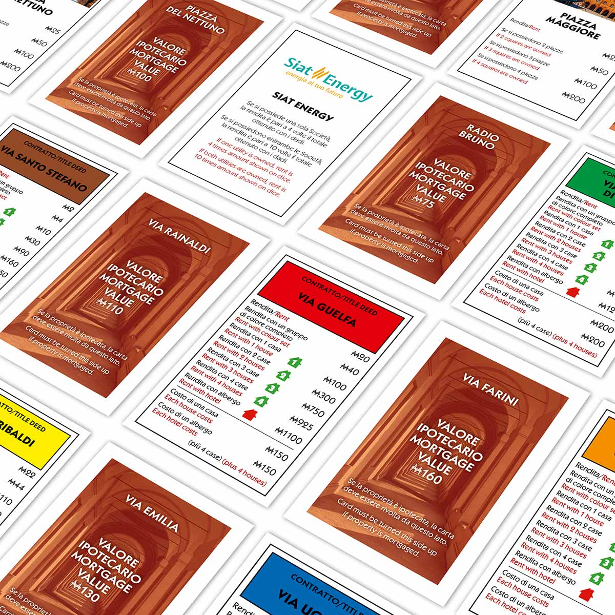 Carte Imprevisti e Probabilità del Monopoly con testo italiano, che illustrano vari scenari e valori.