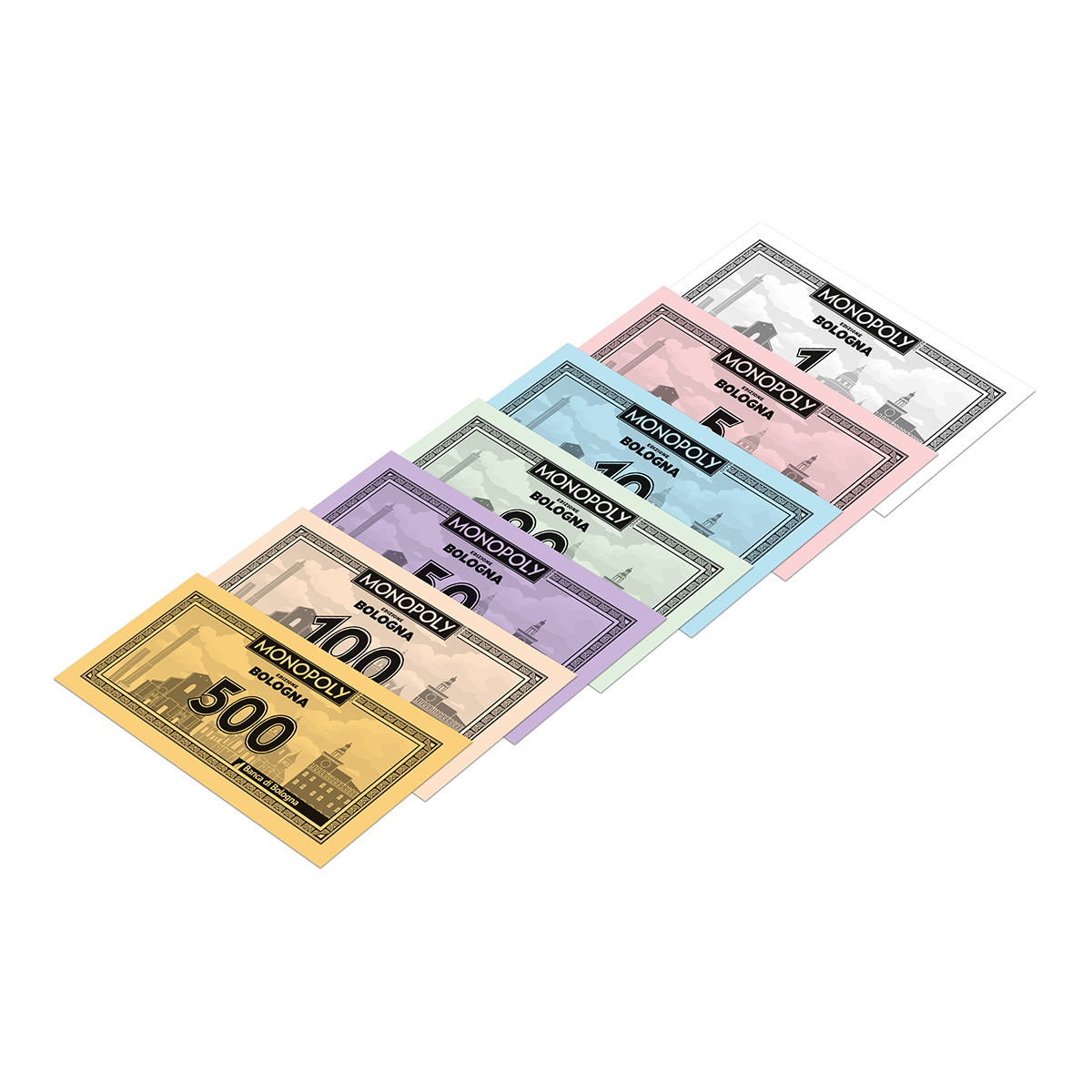 Set di soldi del Monopoly con varie denominazioni, ognuna con il logo del Monopoly e immagini di Bologna, Italia.