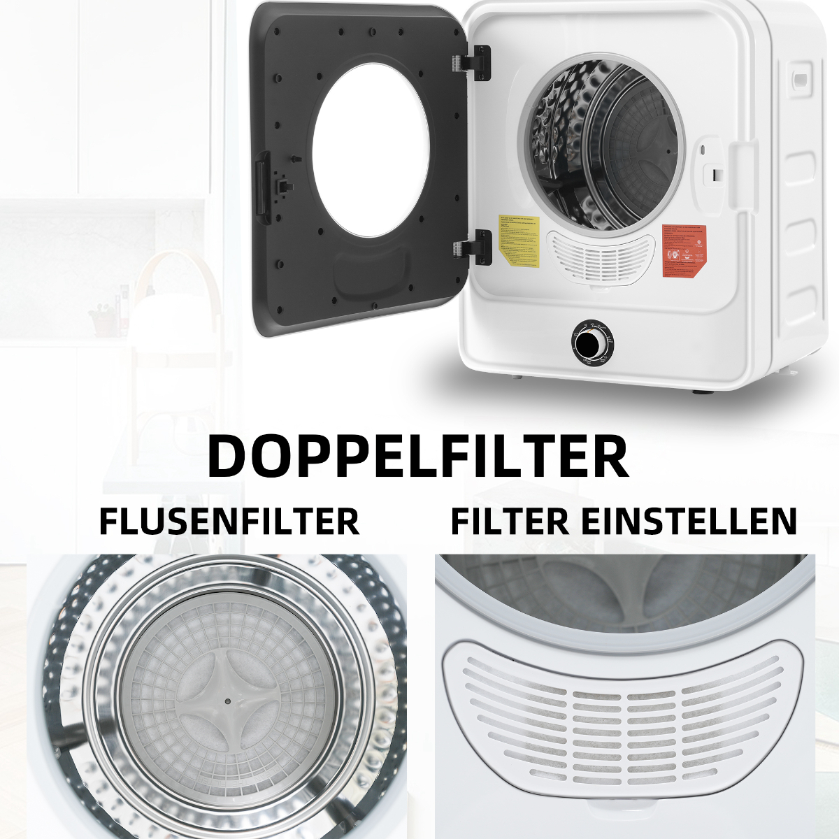 Ein weißer Trockner mit offener Tür, der Innenteile zeigt. Text: DOPPELFILTER, FLUSENFILTER, FILTER EINSTELLEN.