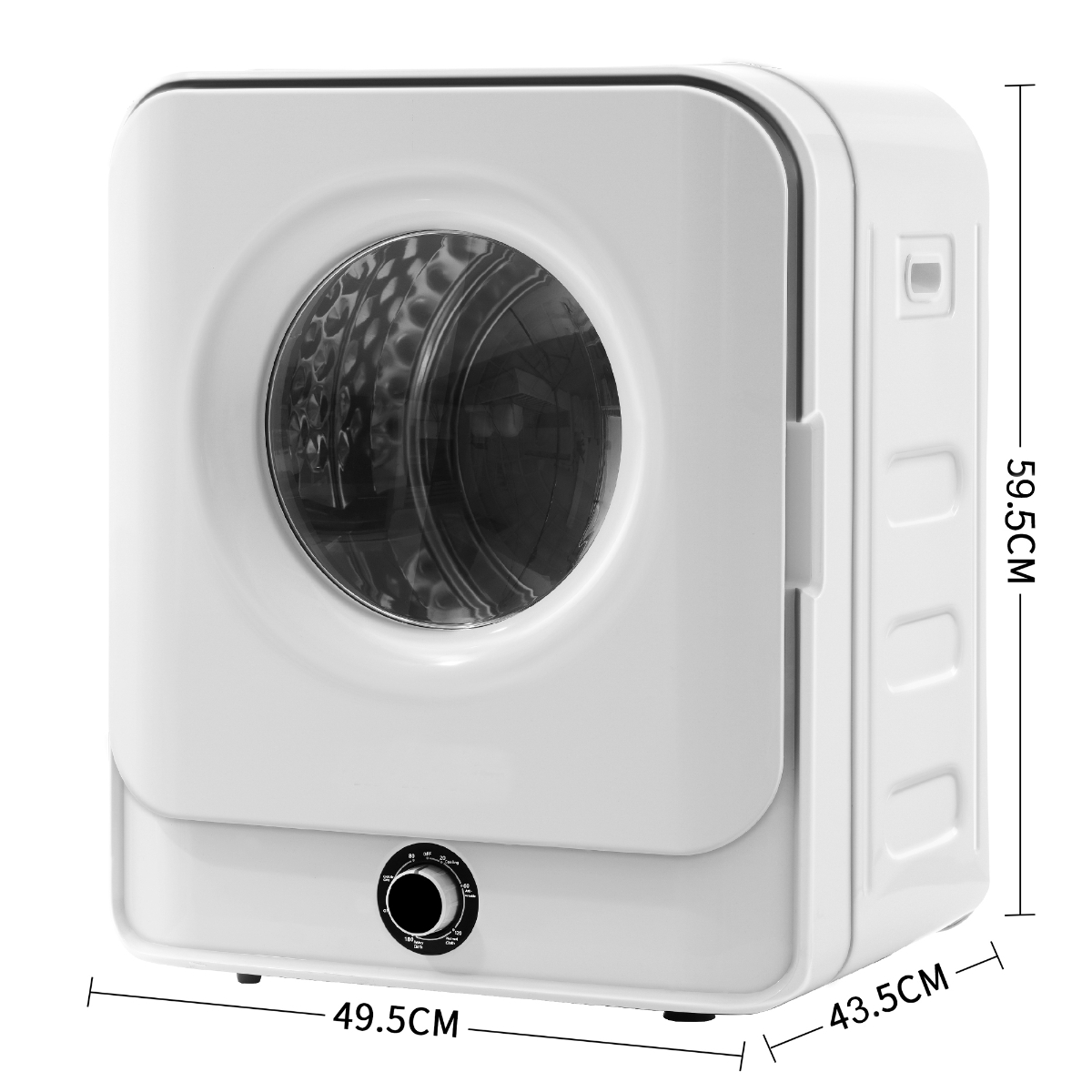 Ein weißer, kompakter Trockner mit schwarzem Bedienknopf und rundem Fenster. Er zeigt die Abmessungen in cm.